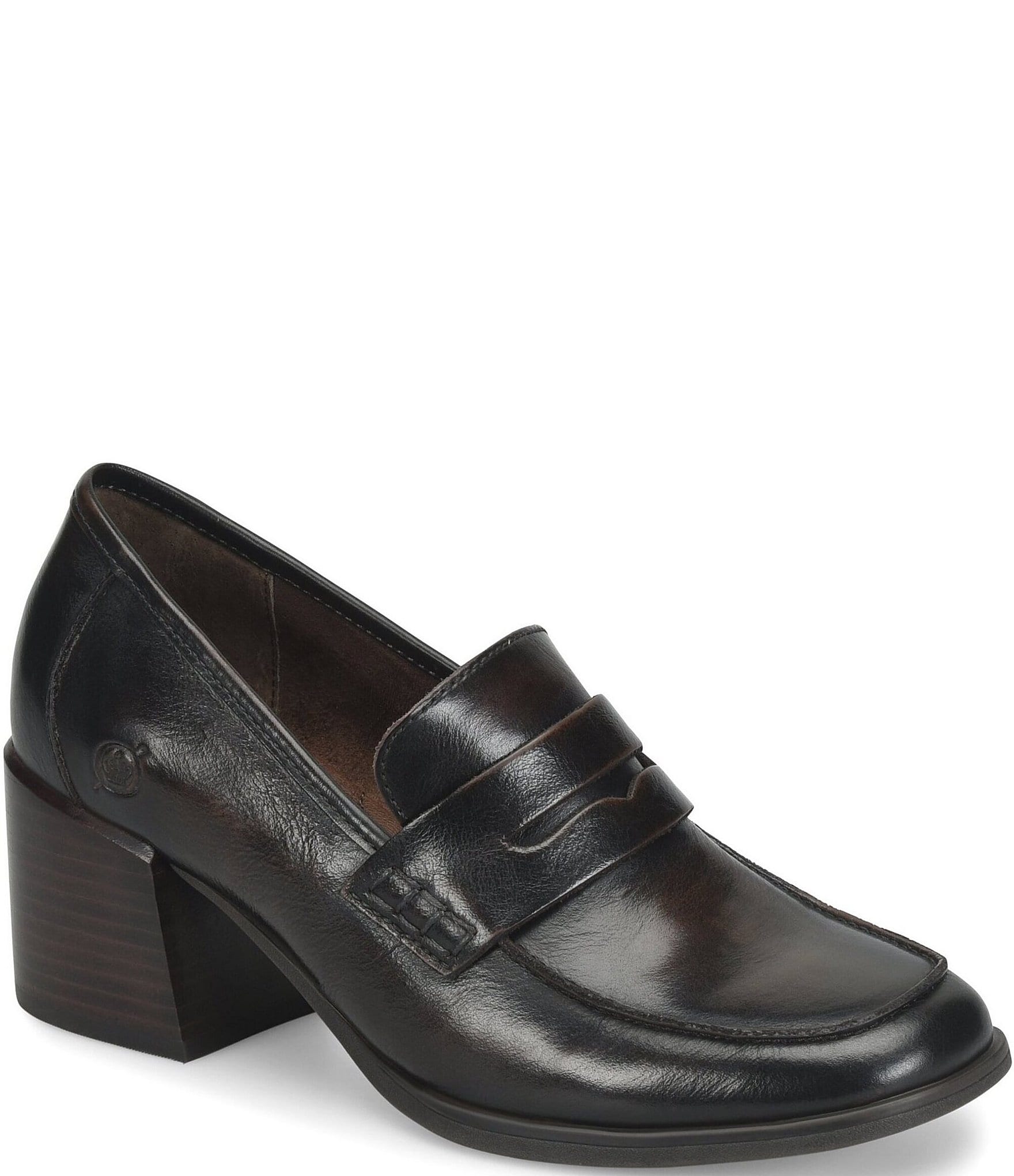 Born Lora Leather Block Heel Penny Loafer Pumps
