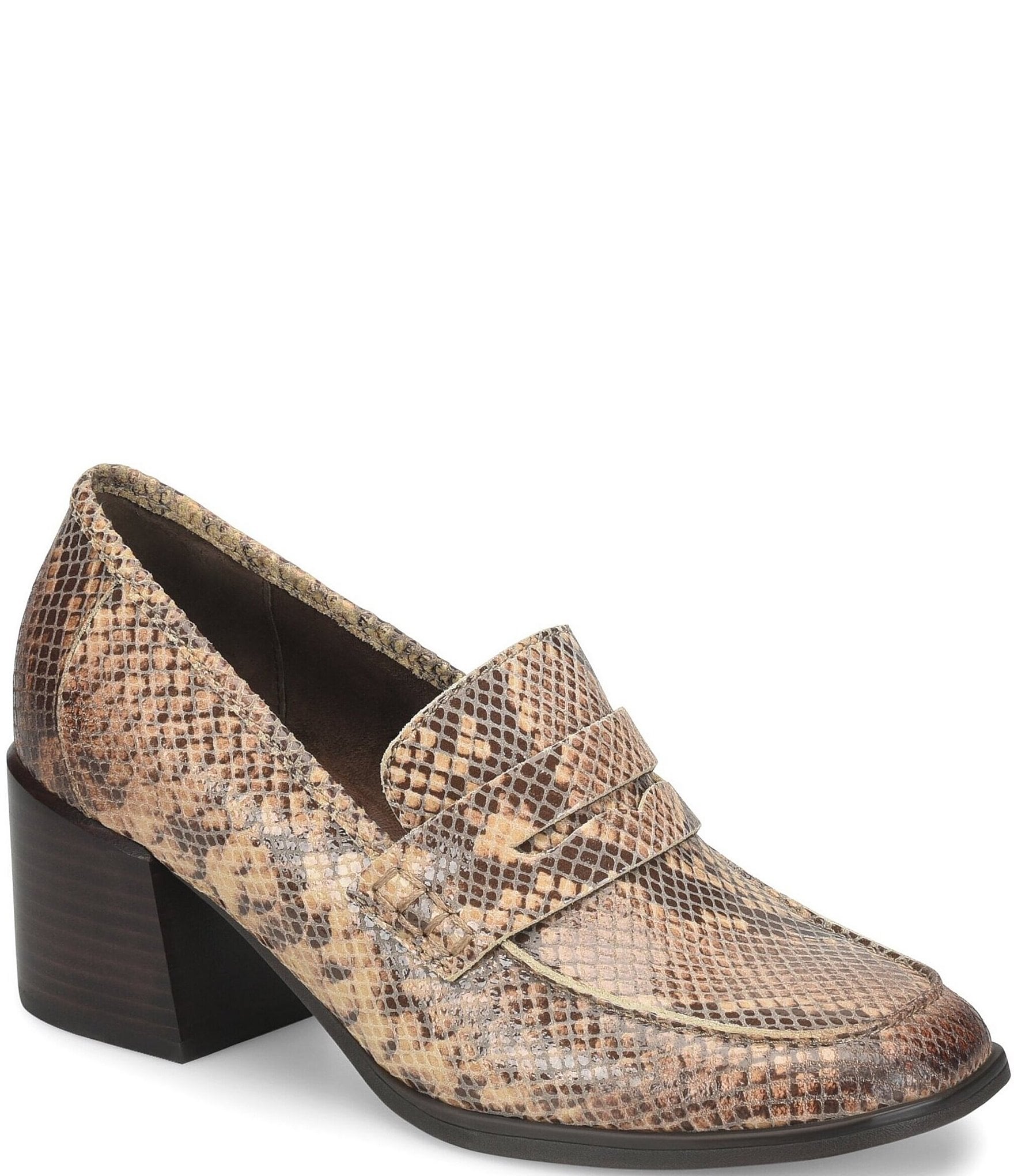 Born Lora Snake Print Suede Block Heel Penny Loafer Pumps