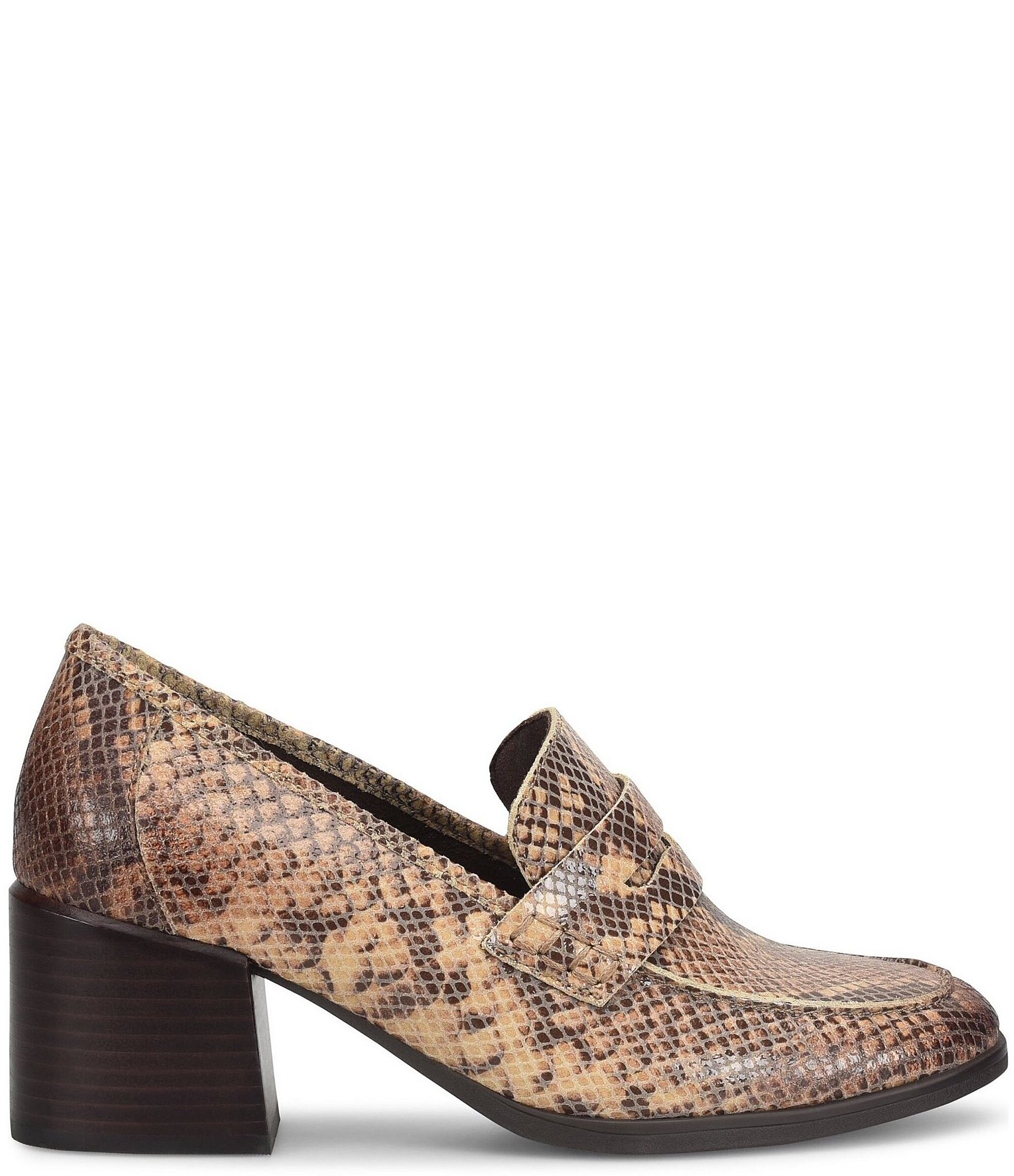 Born Lora Snake Print Suede Block Heel Penny Loafer Pumps