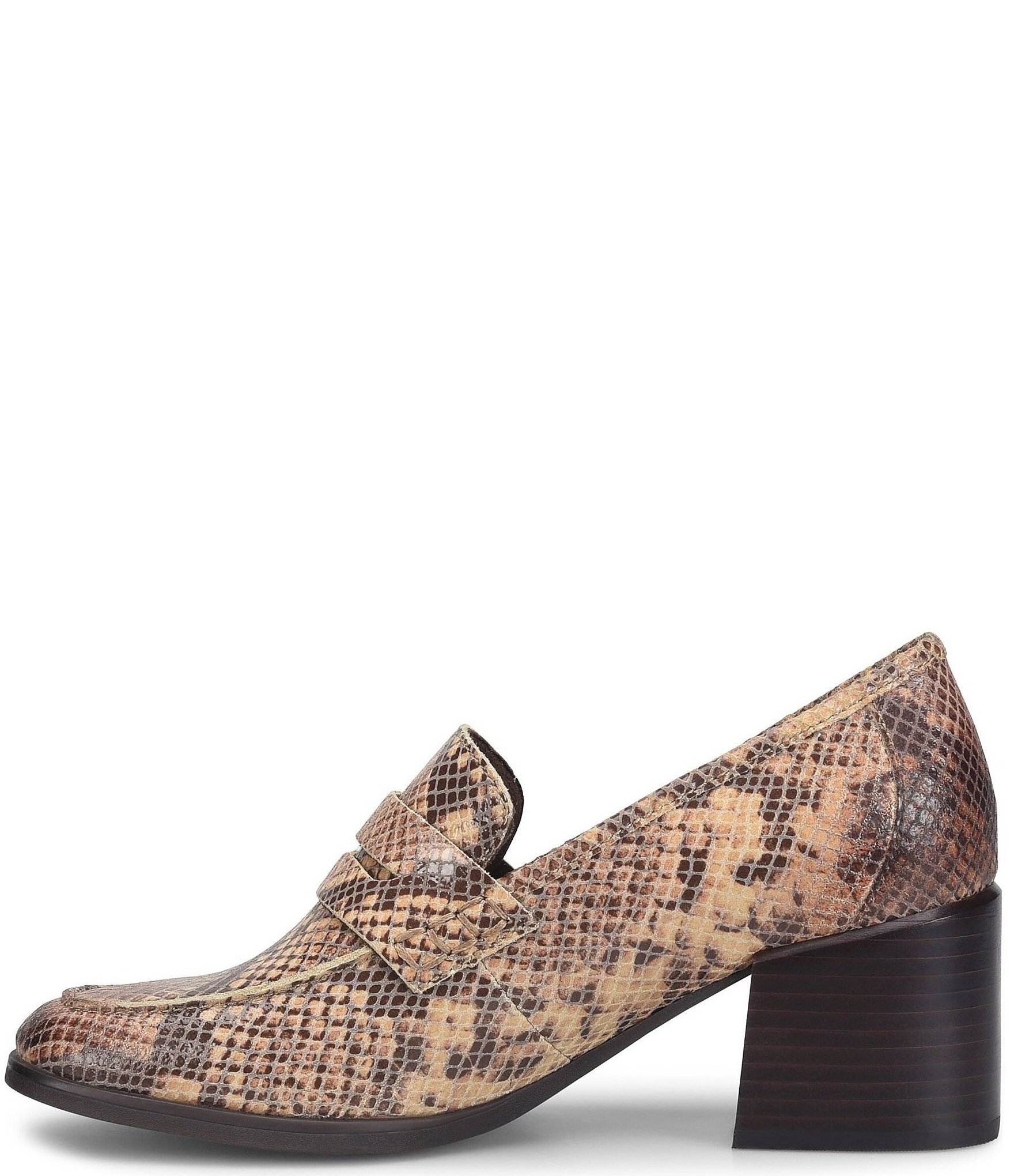 Born Lora Snake Print Suede Block Heel Penny Loafer Pumps