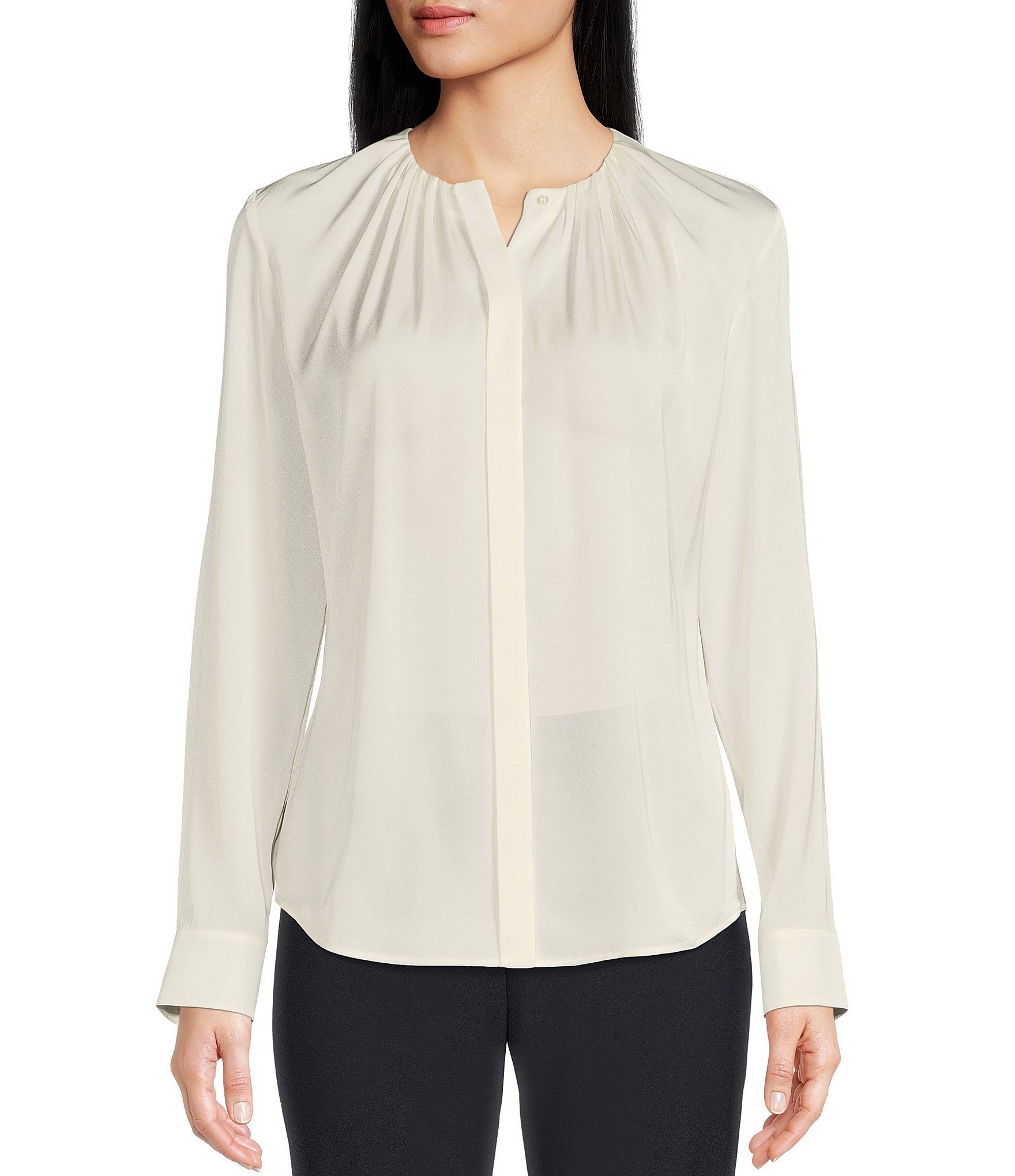 BOSS by Hugo Boss Banora Stretch Silk Ruched Split Round Cuffed Button Front Blouse |