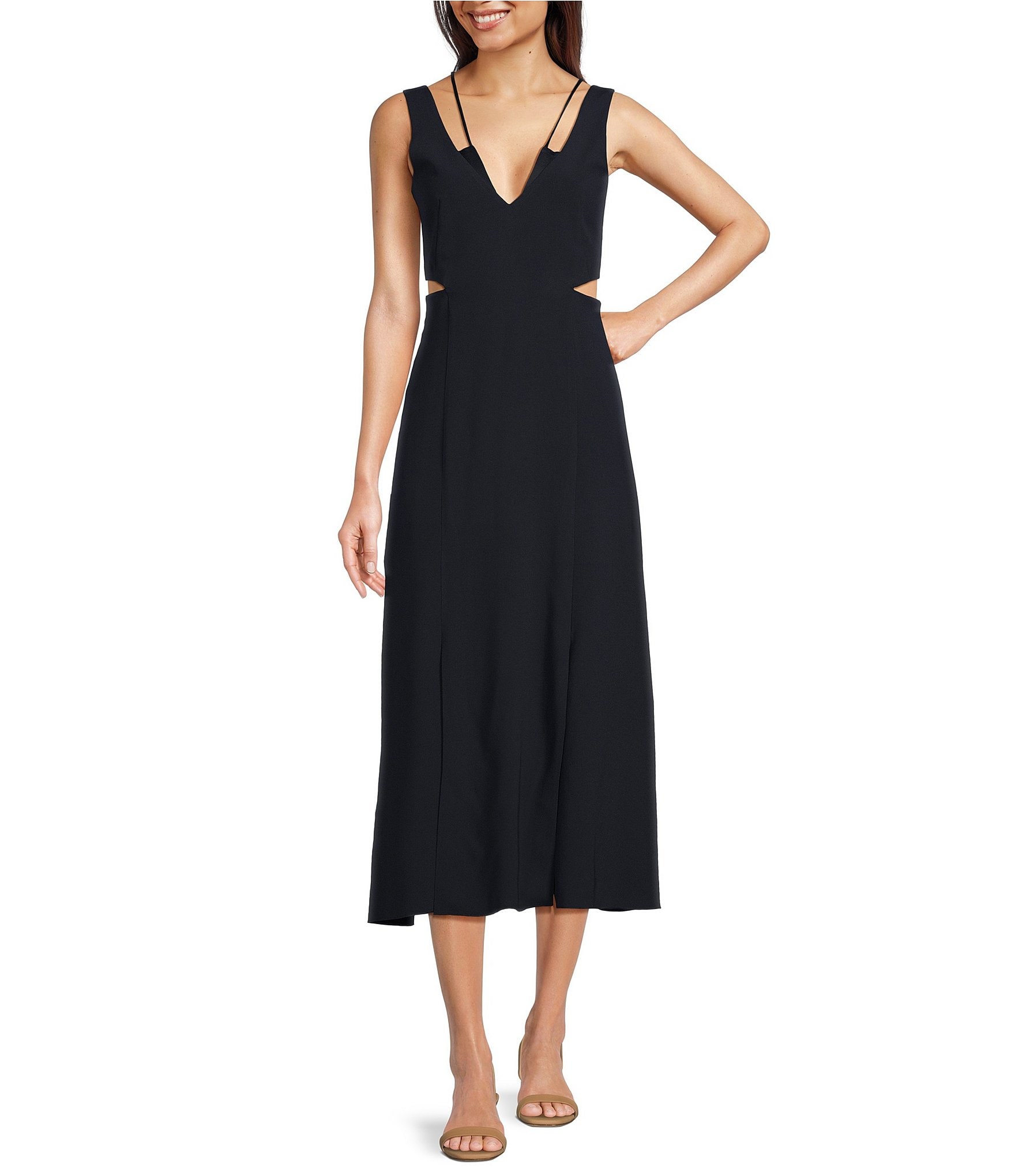 BOSS by Hugo Boss Dibea Woven V-Neck Sleeveless Waist Cutout Midi A-Line  Dress | Dillard's