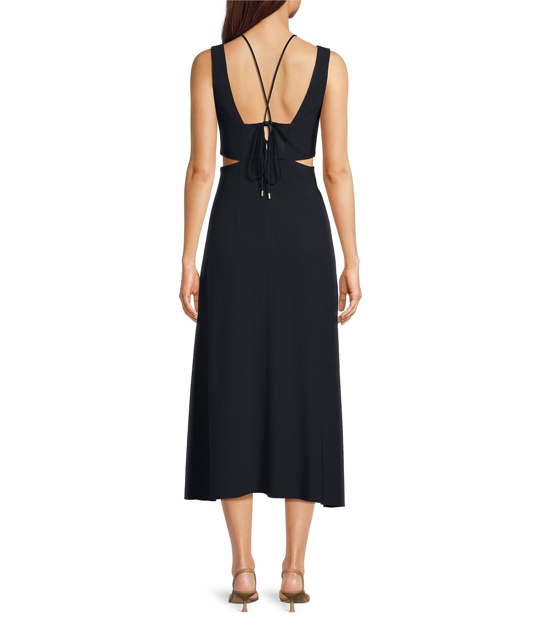 BOSS by Hugo Boss Dibea Woven V-Neck Sleeveless Waist Cutout Midi A-Line Dress