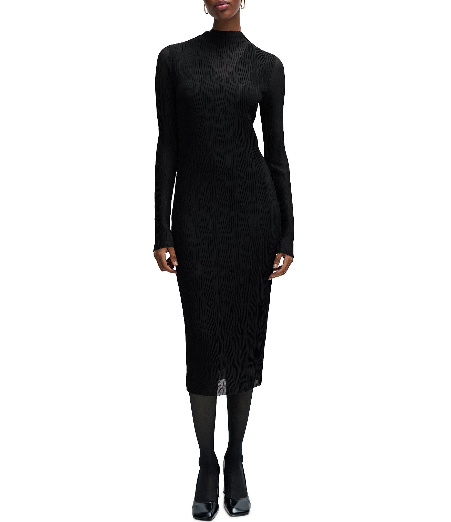 BOSS by Hugo Boss Eviba Sheer Woven High Neck Long Sleeve Midi Sheath ...