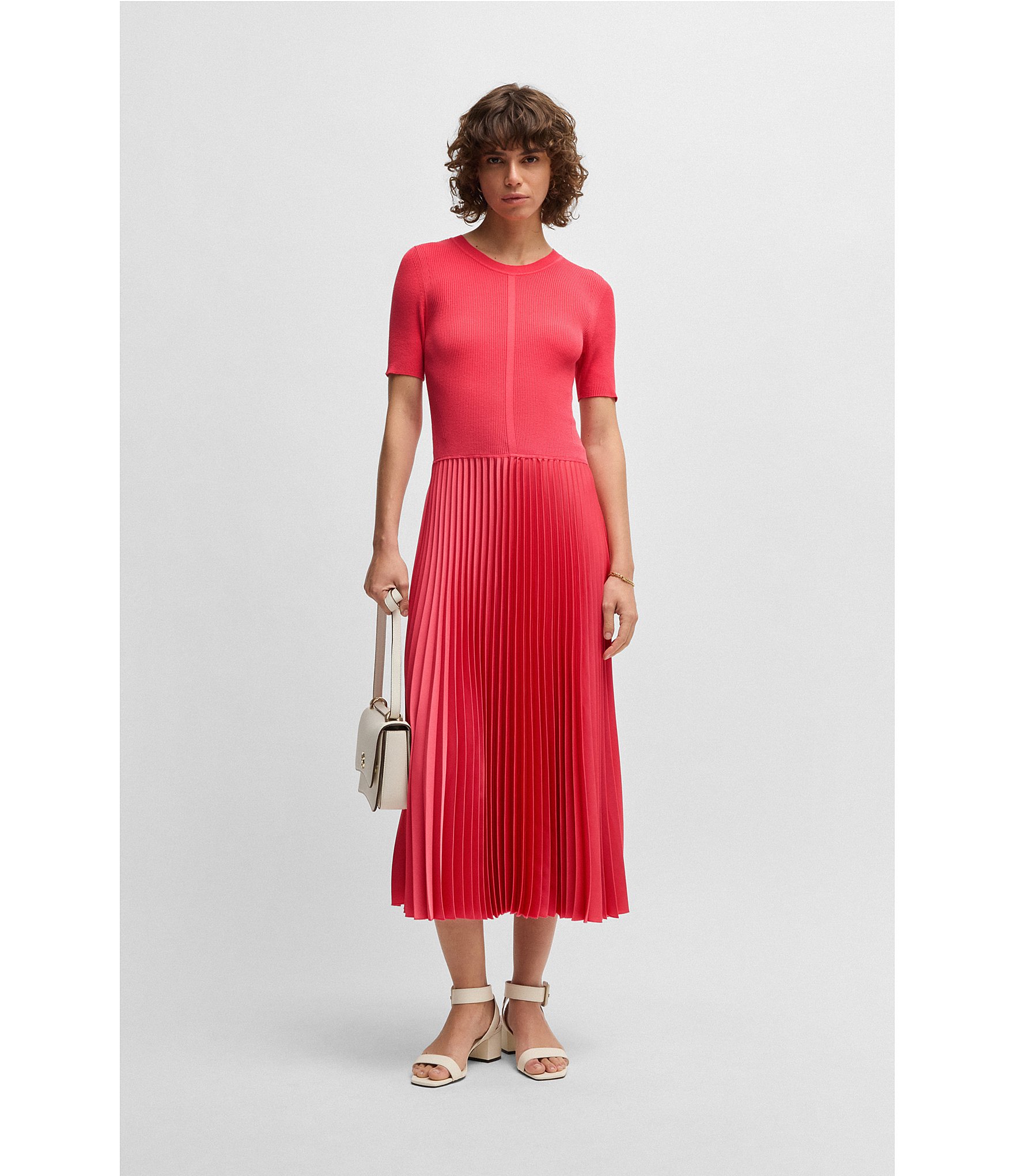 BOSS by Hugo Boss Fadridi Knit Crew Neck Short Sleeve Pleated Midi Dress
