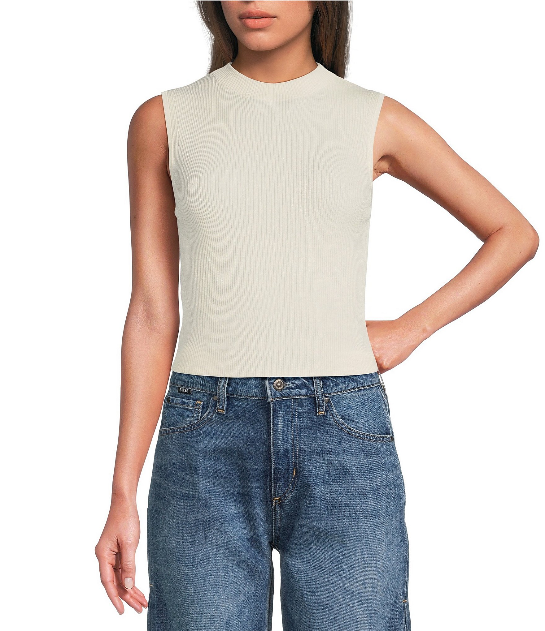 BOSS by Hugo Boss Solid Knit Mock Neck Sleeveless Coordinating Tank Top