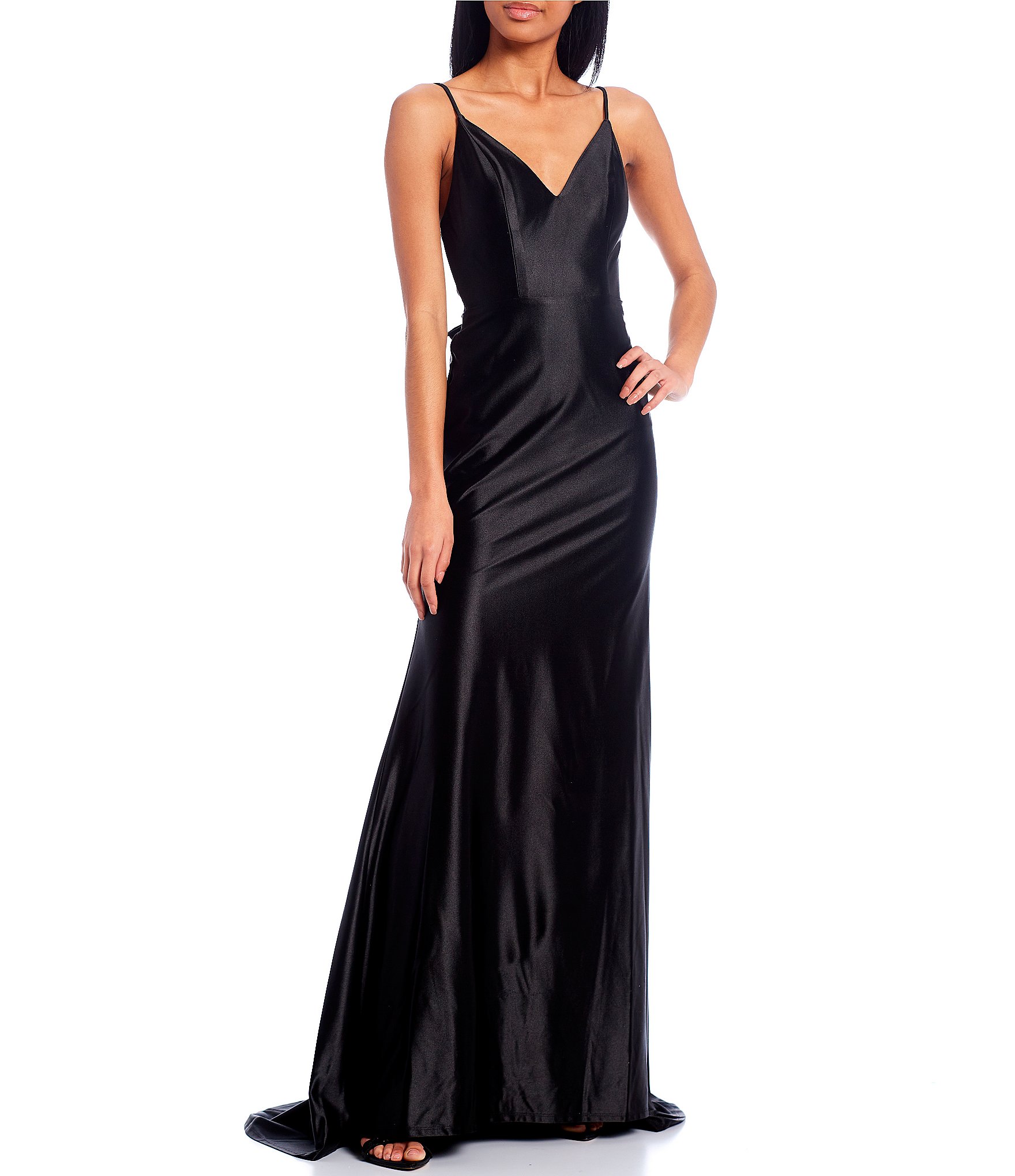 Bow Back V-Neck Satin Gown | Dillard's