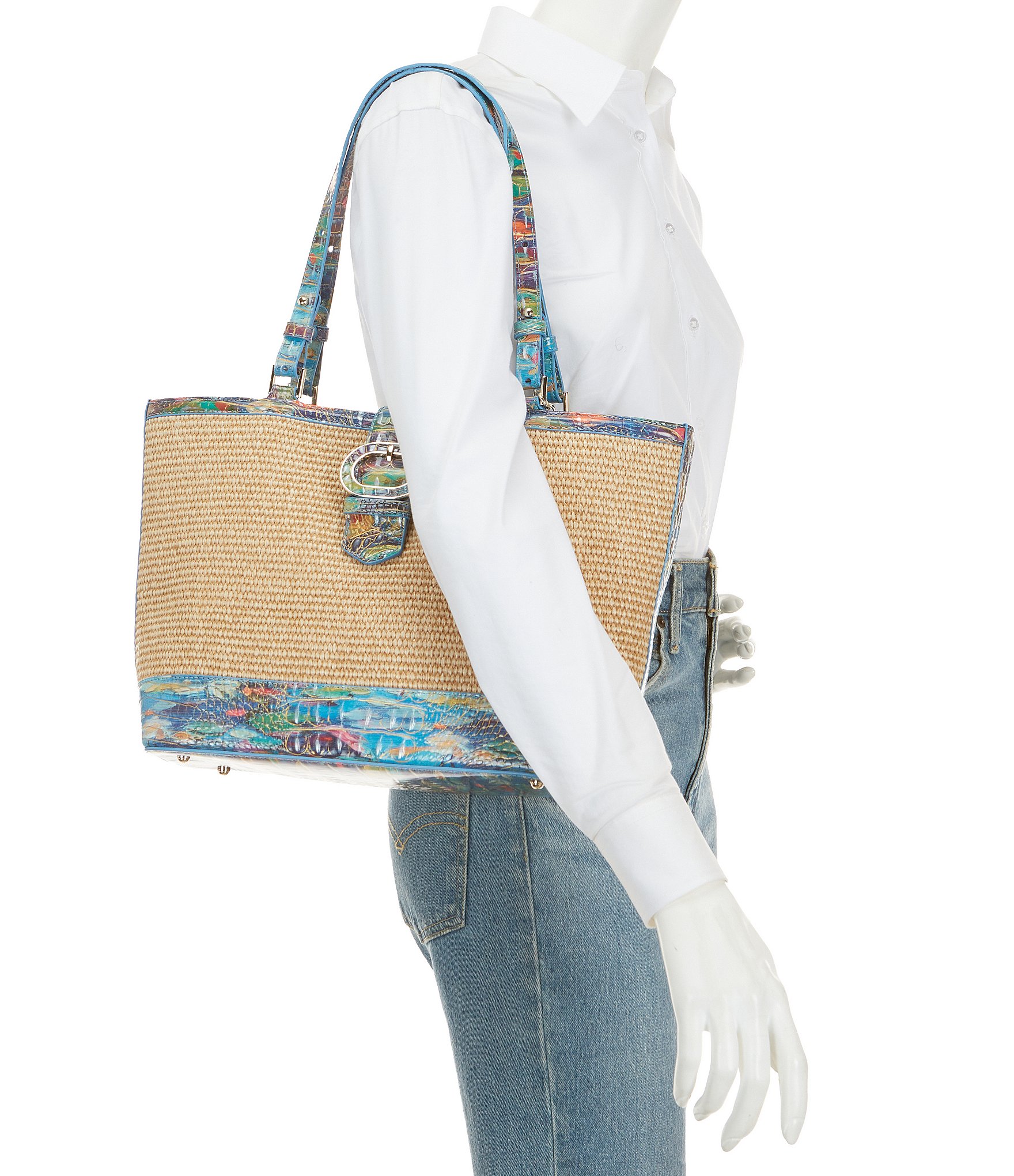 BRAHMIN Abloom Collection Medium Raffia Asher Tote Bag