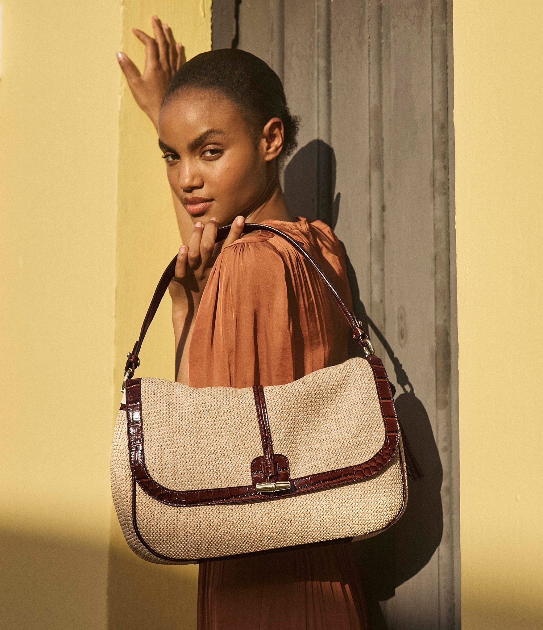 BRAHMIN Pecan Windswept Collection Jolene Raffia Shoulder Bag