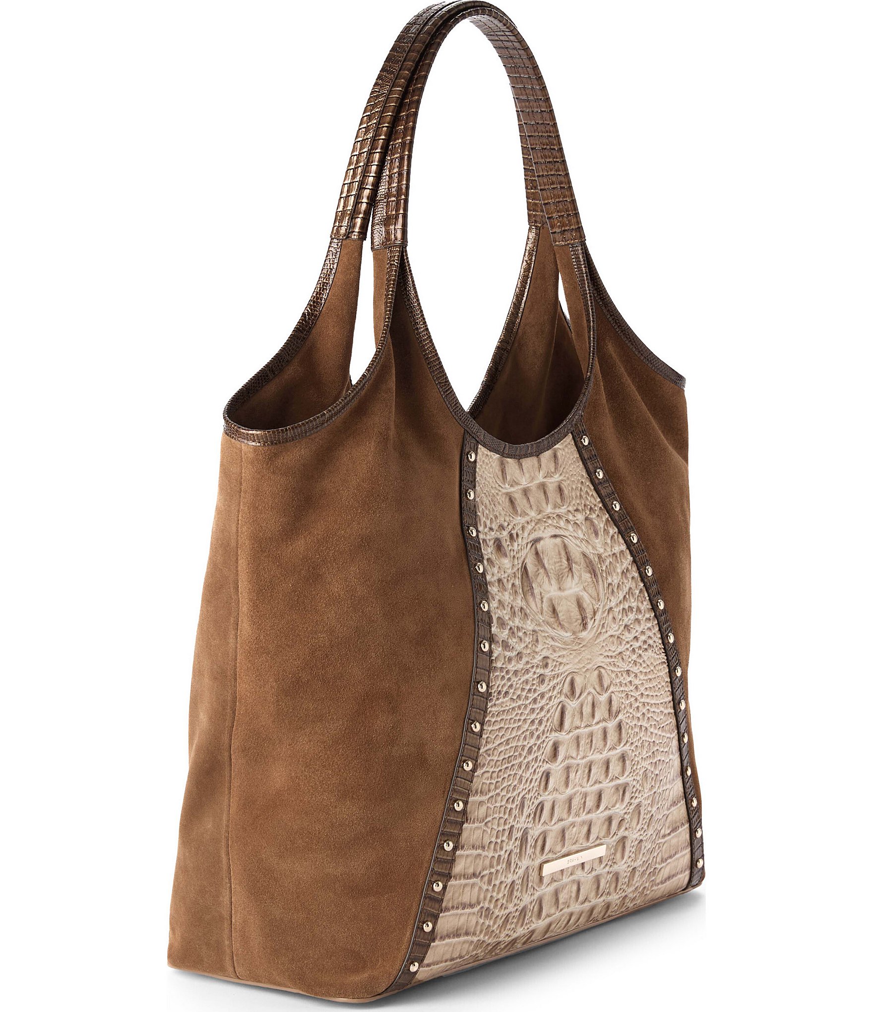 BRAHMIN Taupe Ensemble Iona Suede & Leather Studded Tote Bag