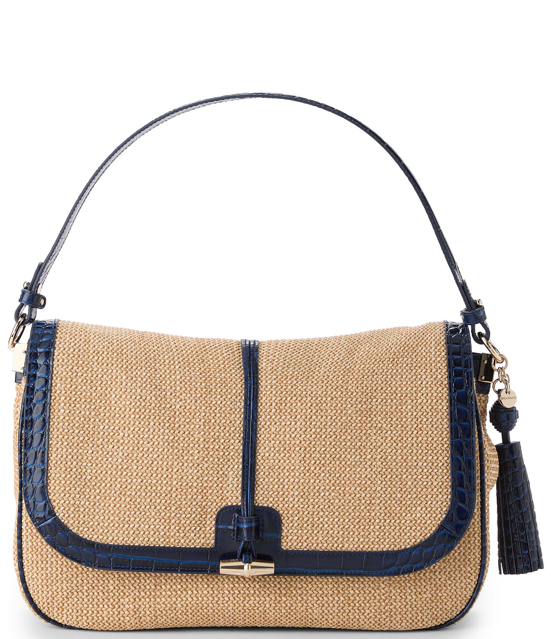 BRAHMIN Windswept Collection Navy Jolene Raffia Shoulder Bag