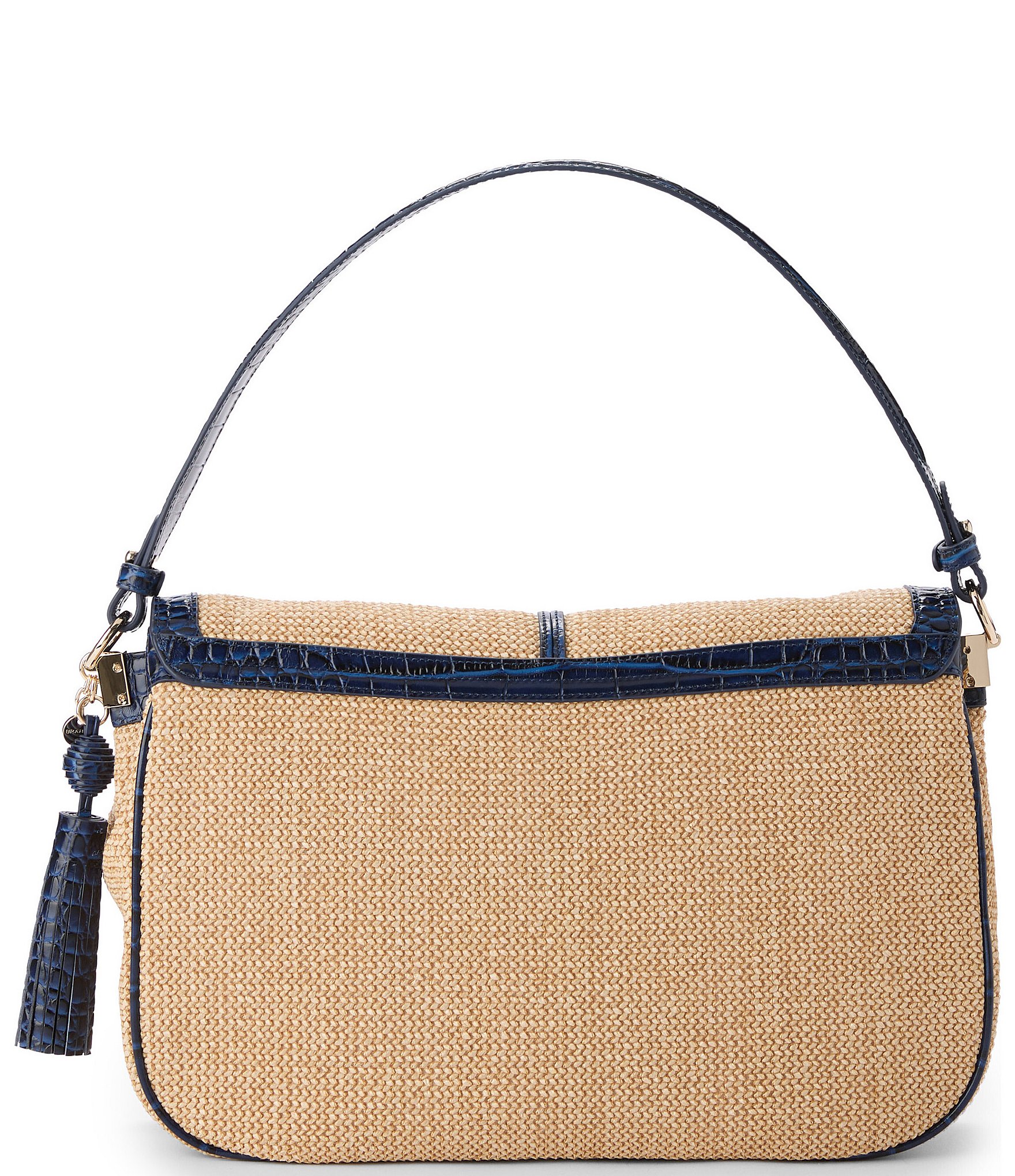 BRAHMIN Windswept Collection Navy Jolene Raffia Shoulder Bag