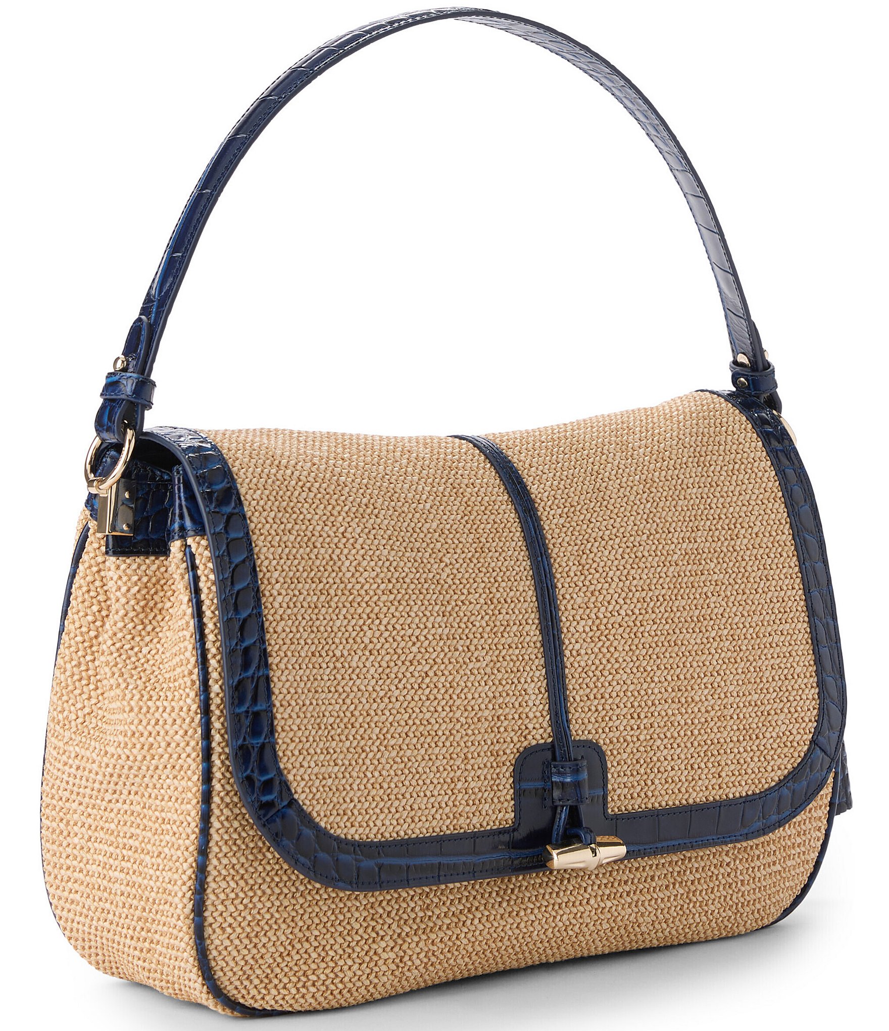 BRAHMIN Windswept Collection Navy Jolene Raffia Shoulder Bag