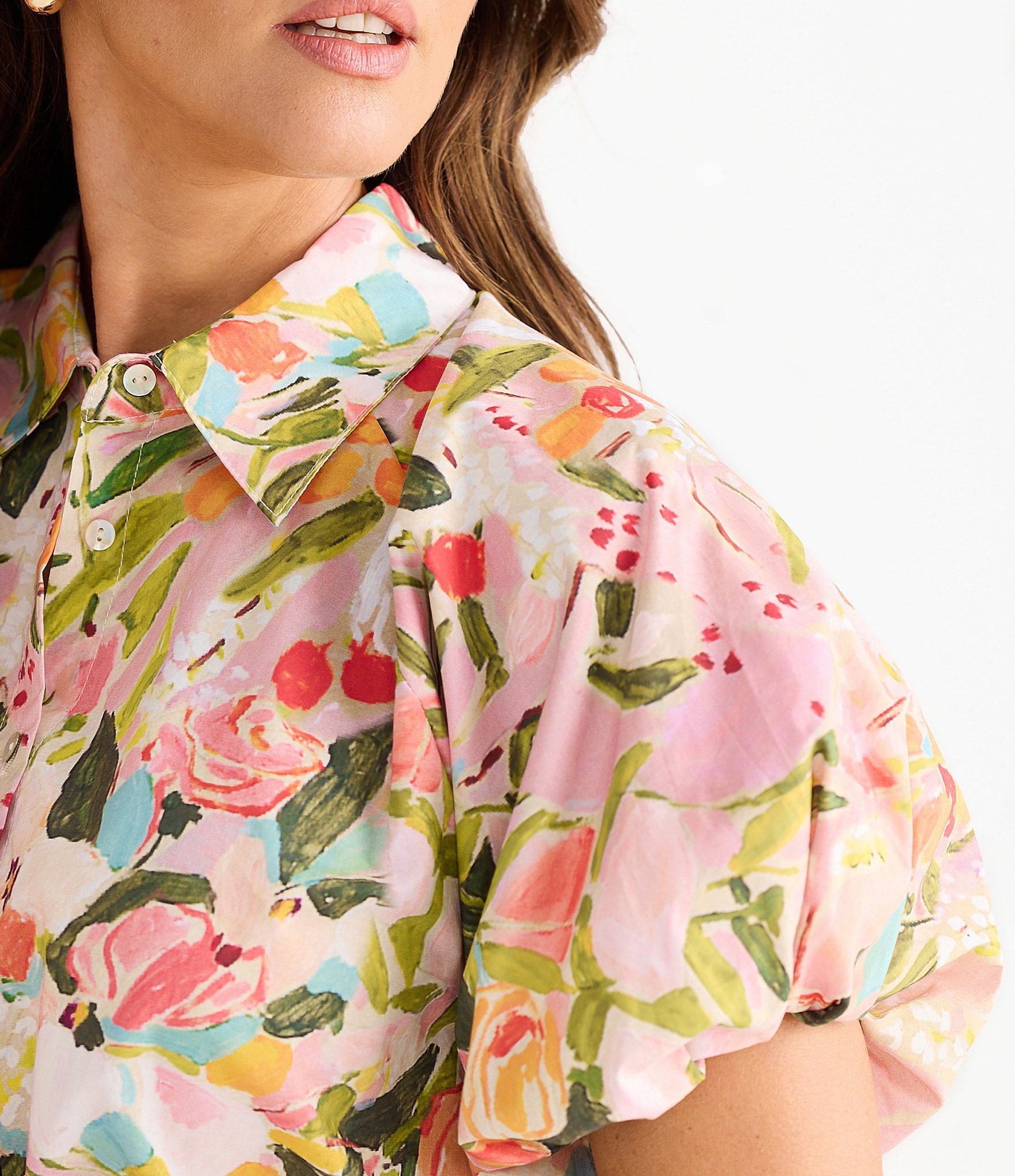 Brave + True Meadow Floral Collared Short Puff Sleeve Button Front Blouse