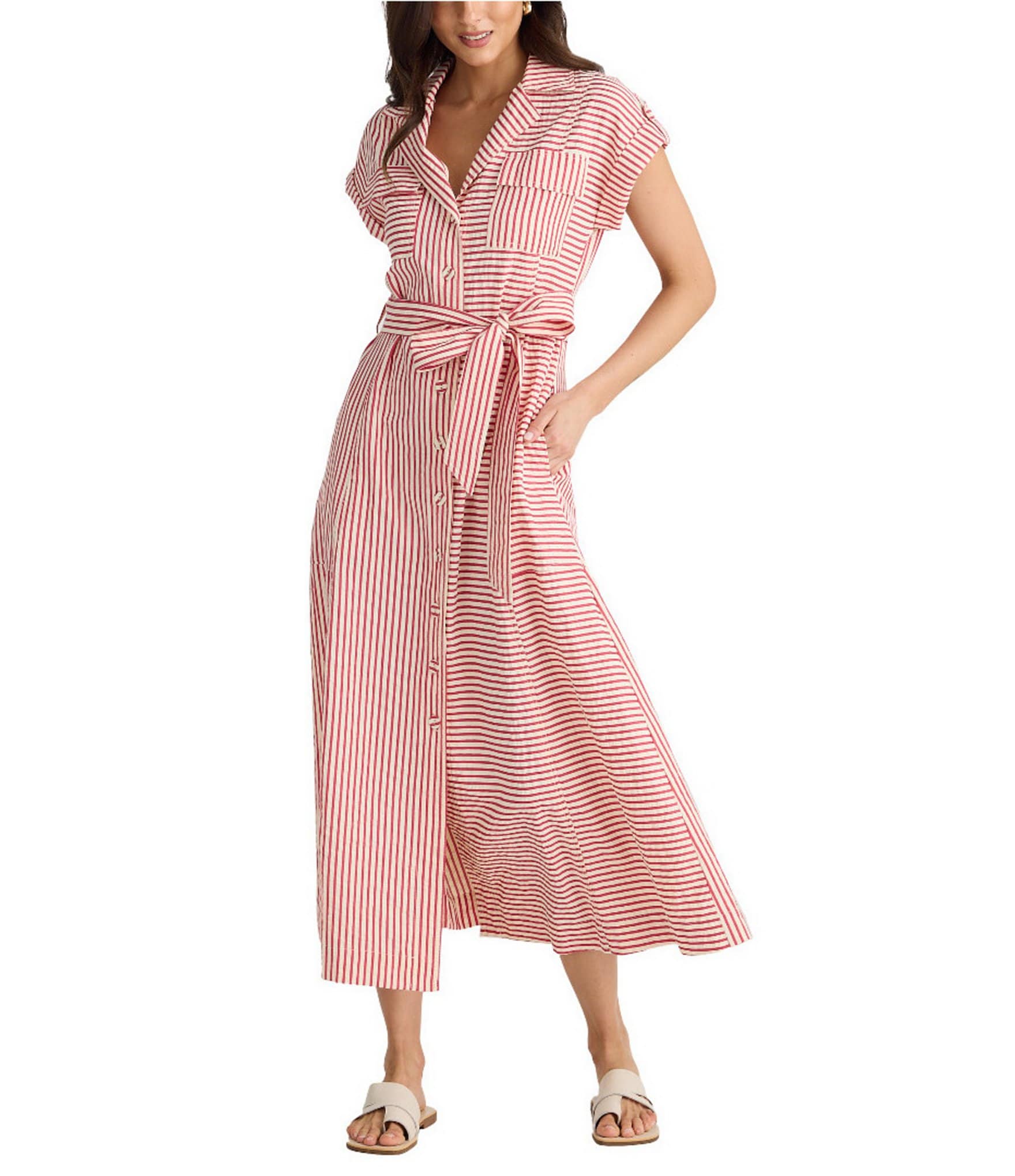 Brave + True Portia Short Sleeve Striped Collared Button Front Midi Shirt Dress