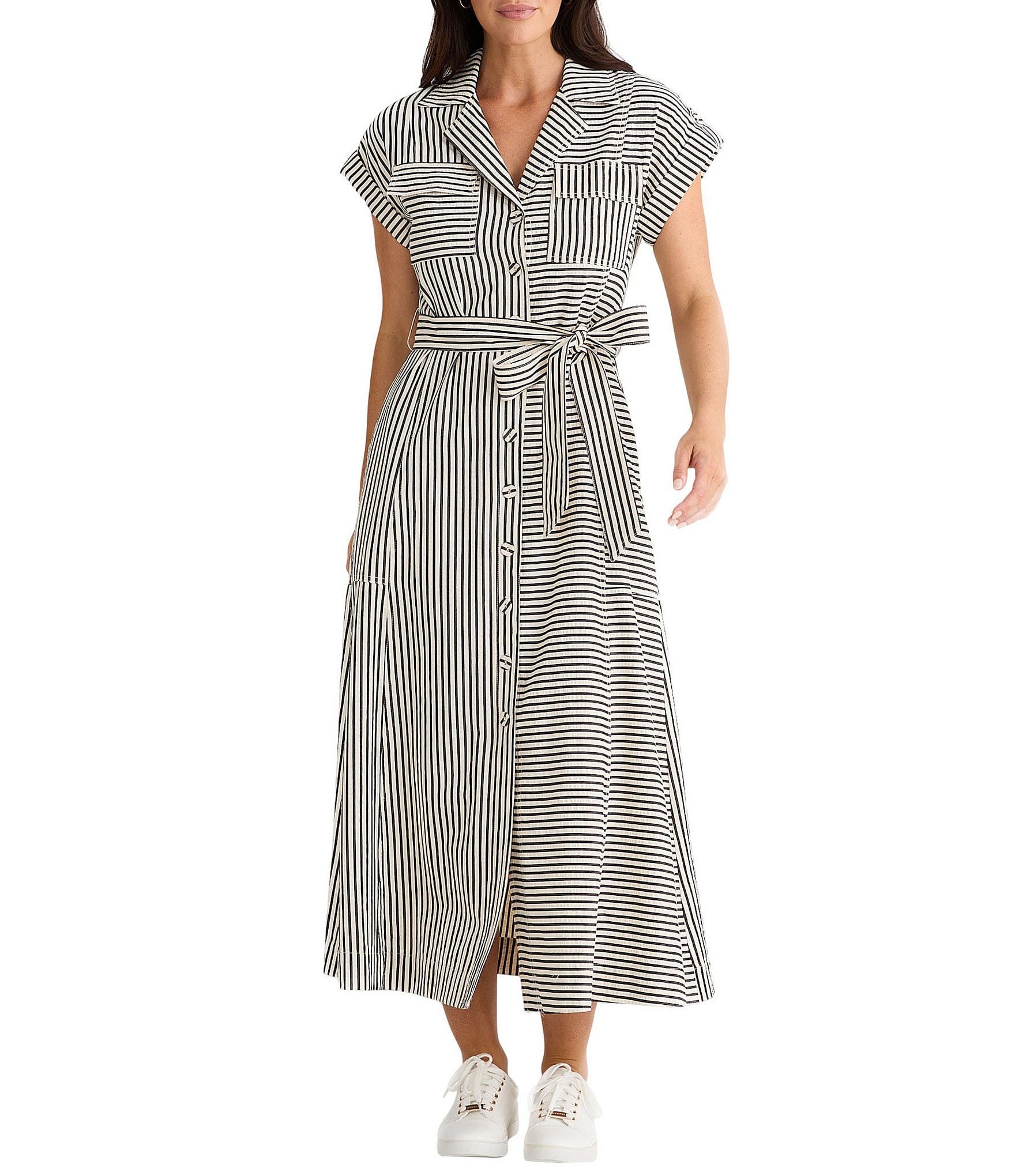 Brave + True Portia Short Sleeve Striped Collared Button Front Midi Shirt Dress