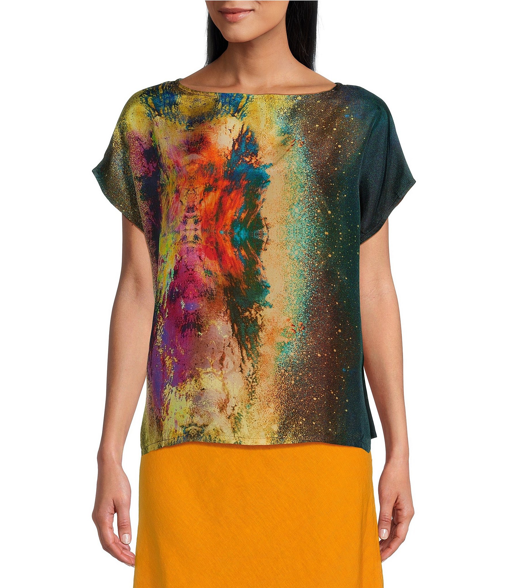 Bryn Walker Bess Silk Nebulosa Print Boat Neck Short Sleeve Top | Dillard's