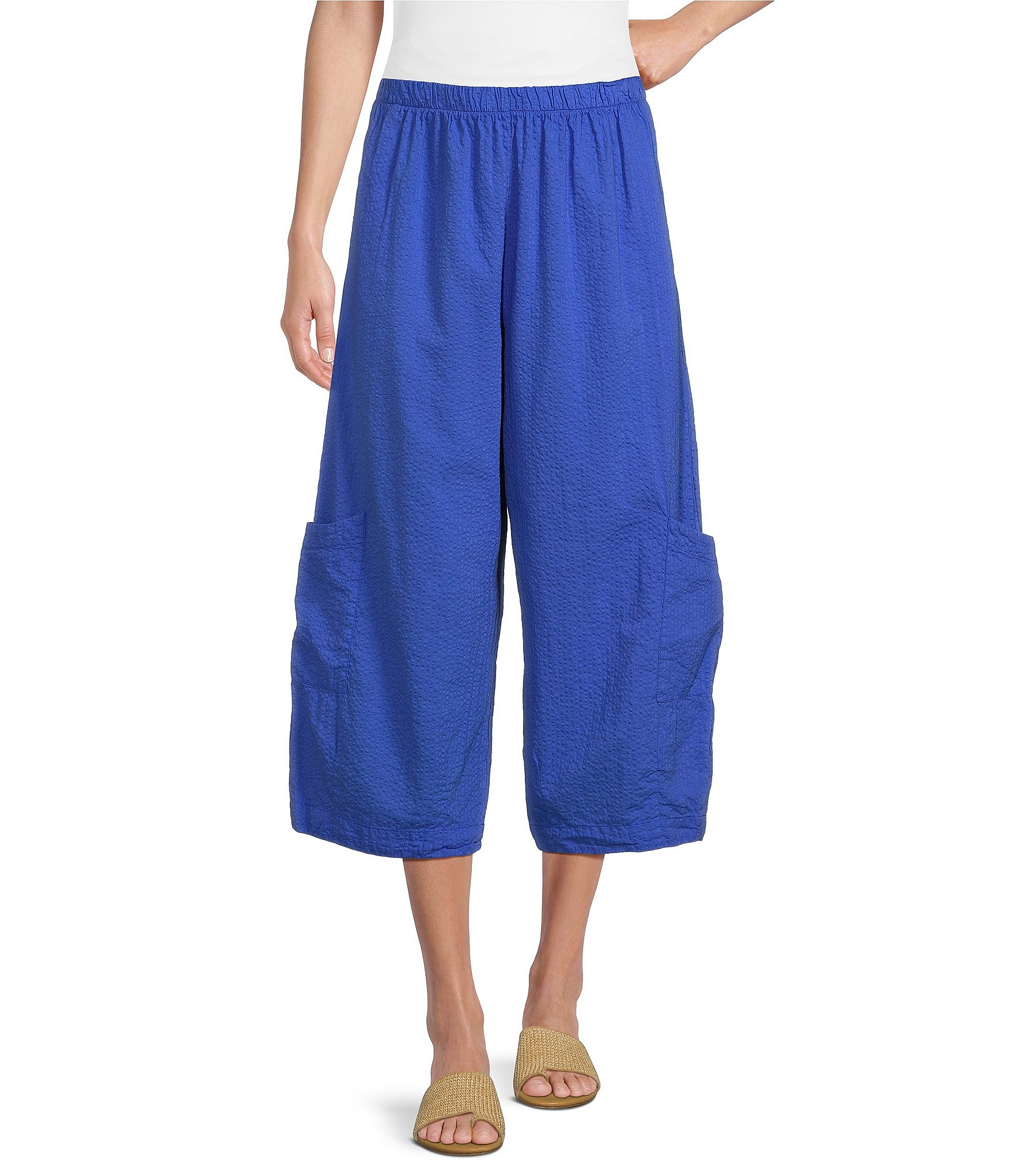 Bryn Walker Casbah Seersucker Wide-Leg Pull-On Pocketed Cropped Pants ...