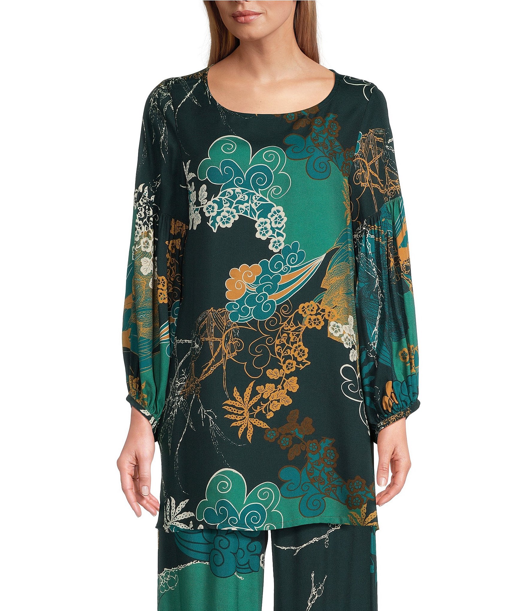 【HI FI FNK】Ethnic Linen Longsleeve Bryn Walker Crepe Floral Woven Scoop Neck Long Sleeve