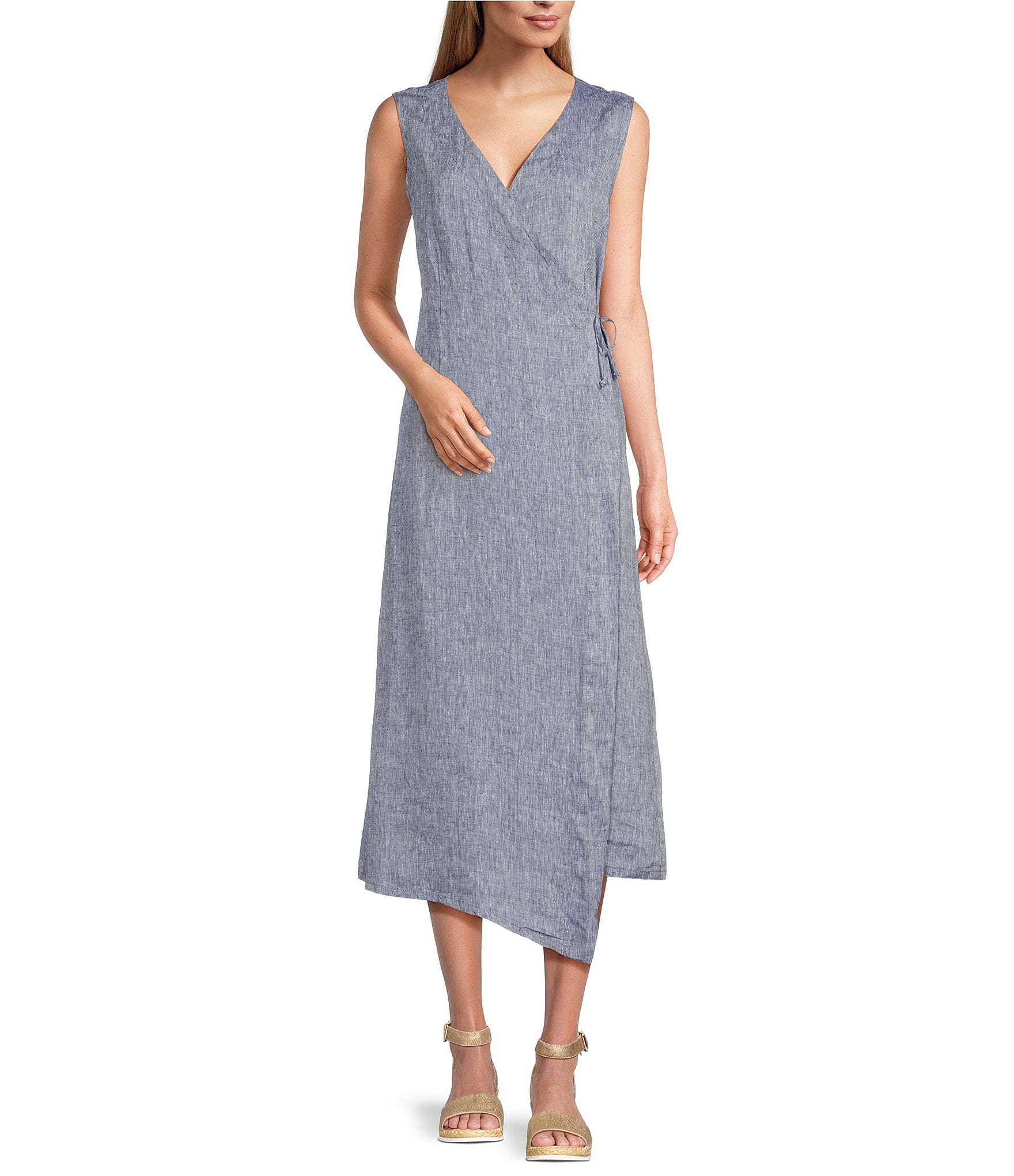Bryn Walker Diana Cross-Dye Linen V-Neck Sleeveless Wrap Dress | Dillard's