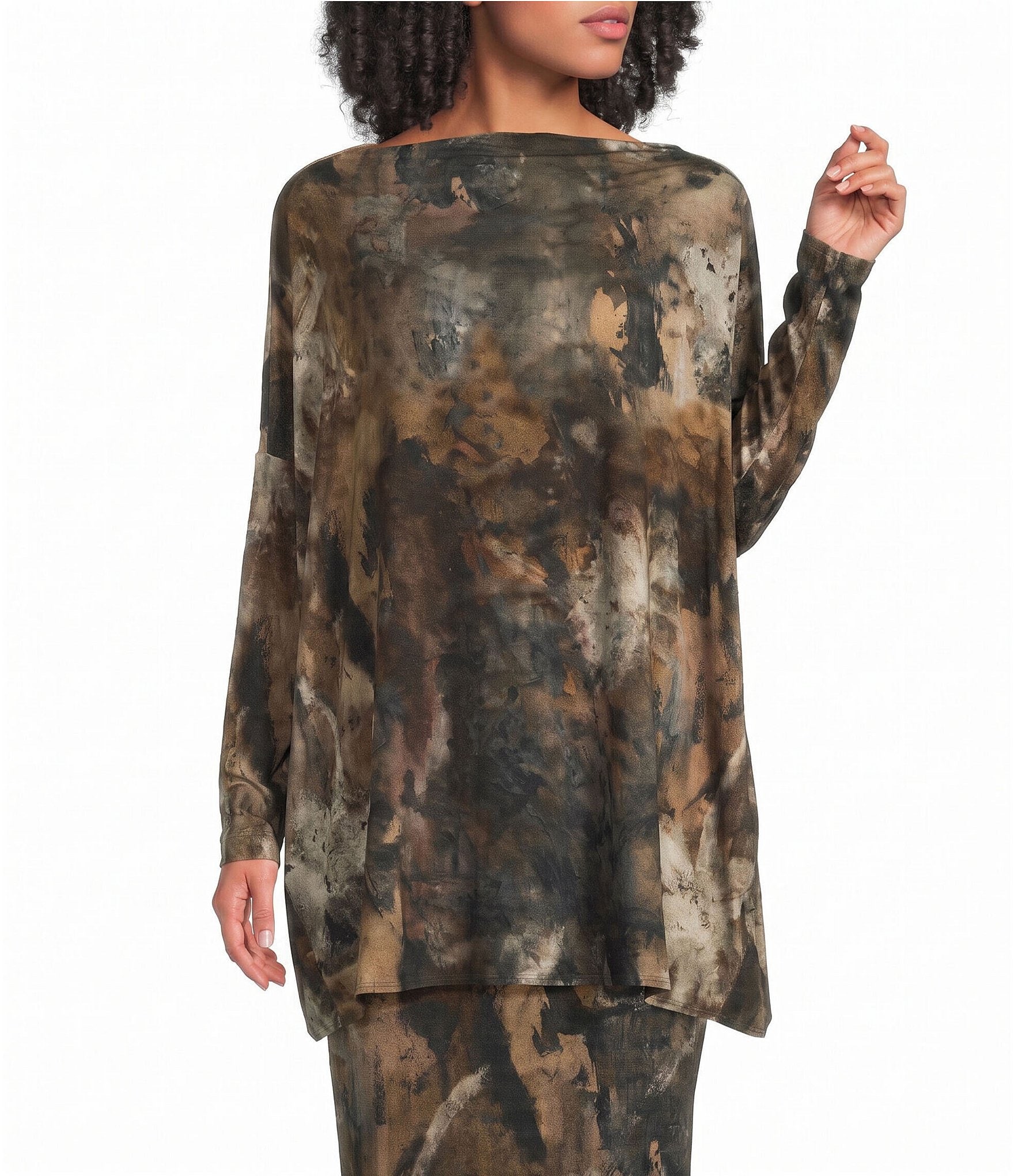Bryn Walker Dimitri Jersey Knit Abstract Print Draped Neck Long Dolman Sleeve Oversized Coordinating Tunic