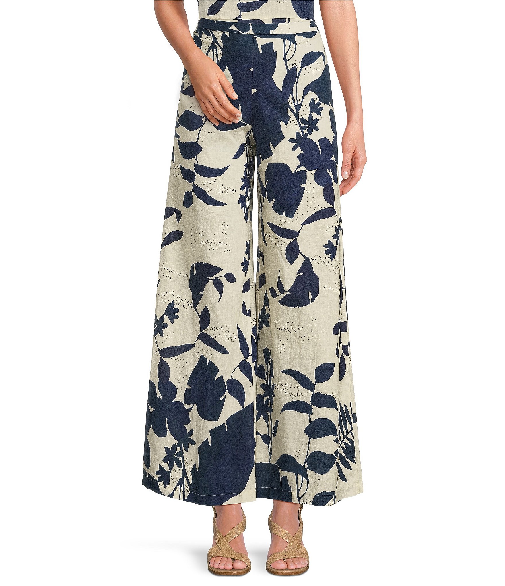Bryn Walker Foglie Print Flat Front Linen Blend Elastic