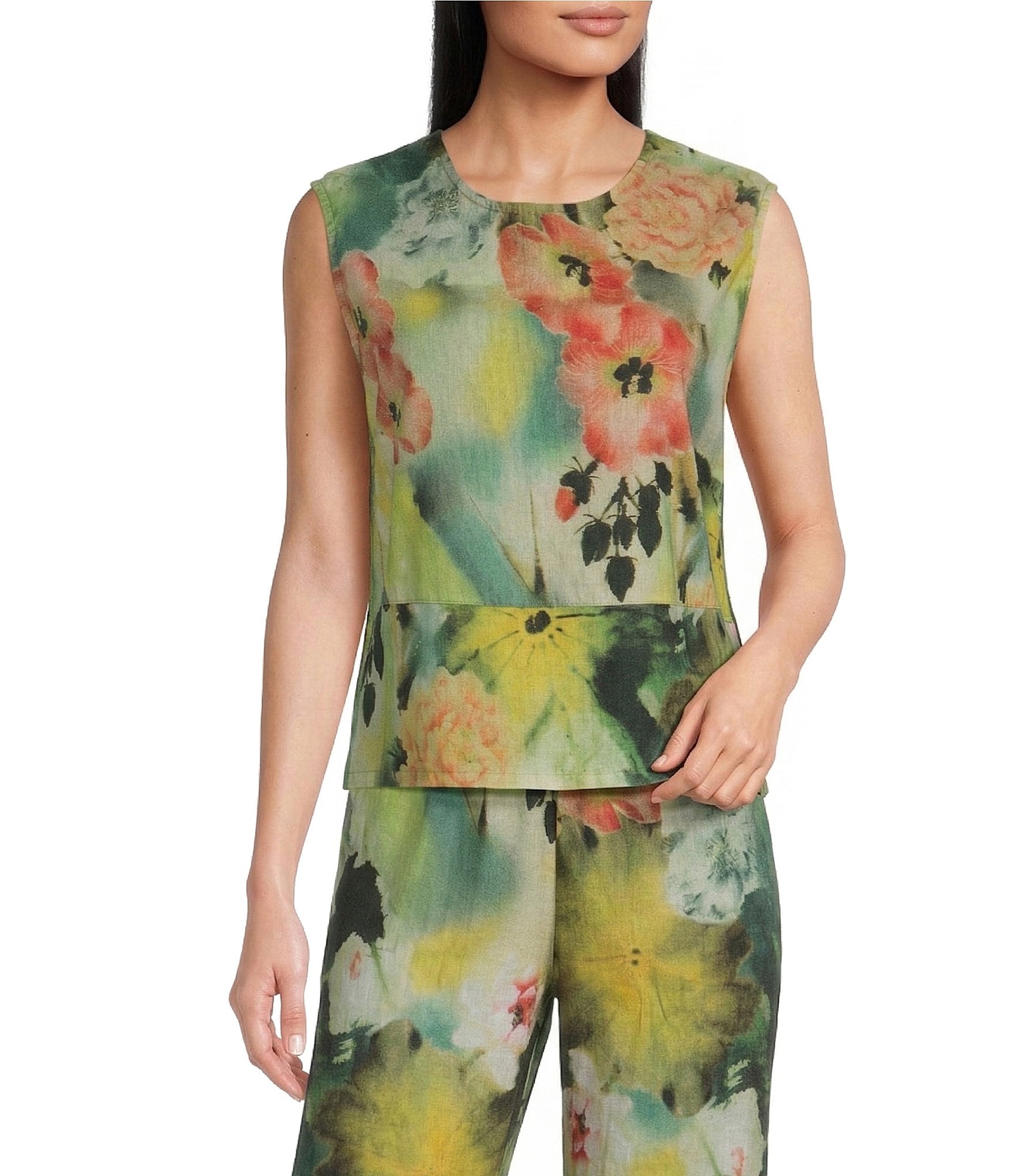 Bryn Walker Giardino Print Round Neck Sleeveless Basic Tank