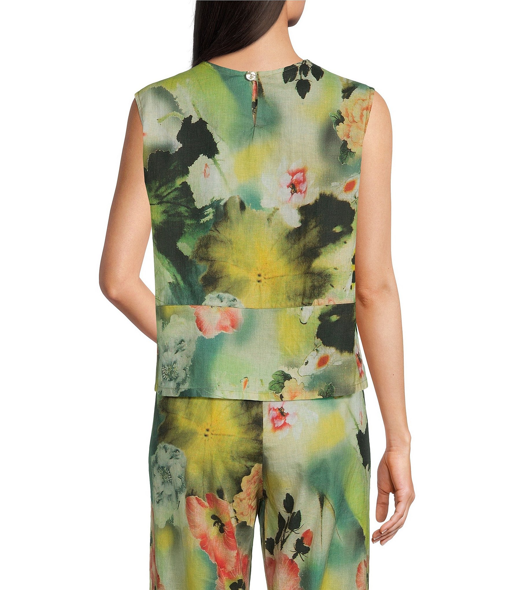 Bryn Walker Giardino Print Round Neck Sleeveless Basic Tank