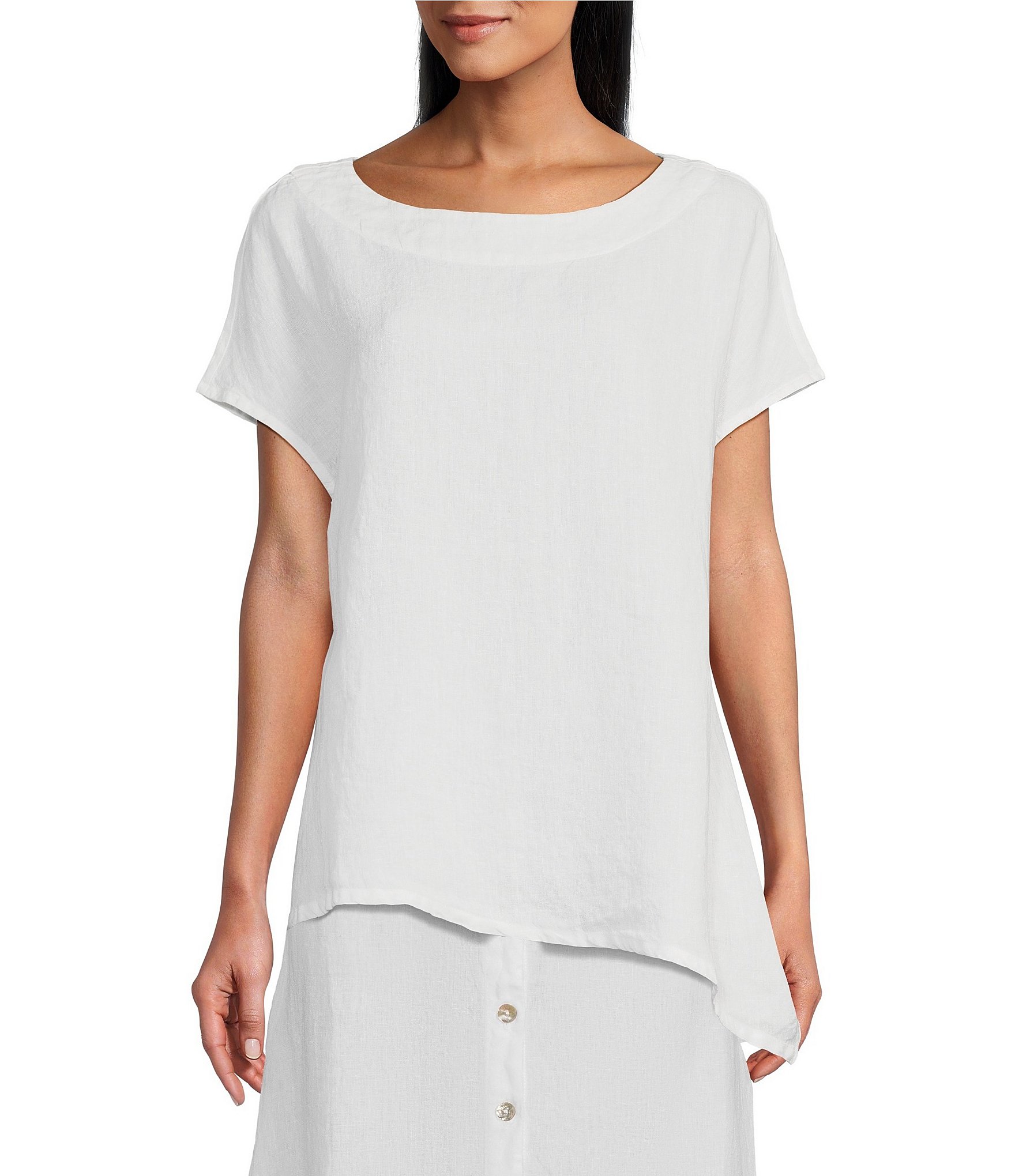 Bryn Walker Ivy Light Linen Round Neck Short Sleeve Asymmetrical Hem ...