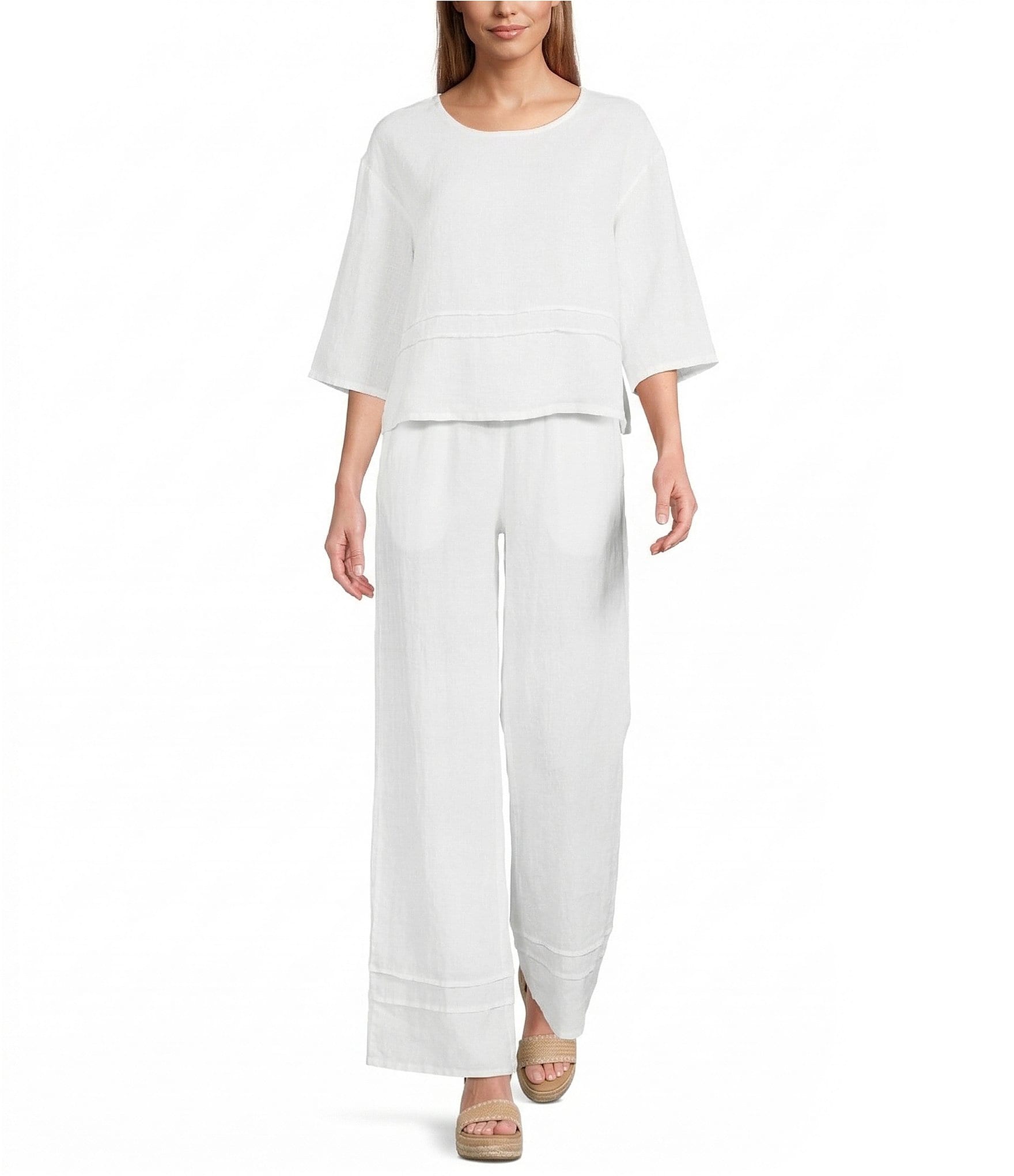 Bryn Walker Light Linen Round Neck 3/4 Sleeve Pintuck Shirt