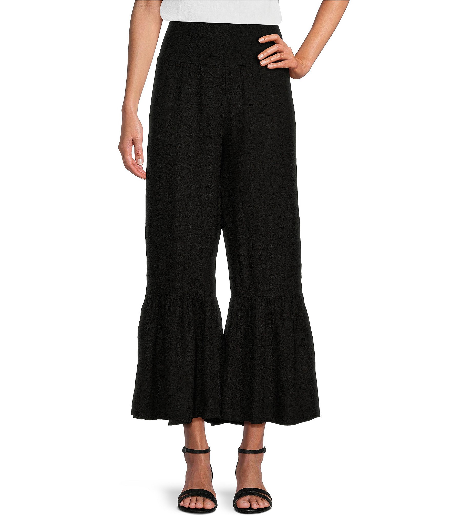 Bryn Walker Light Linen Ruffled Wide-Leg Pull-On Cropped Pants