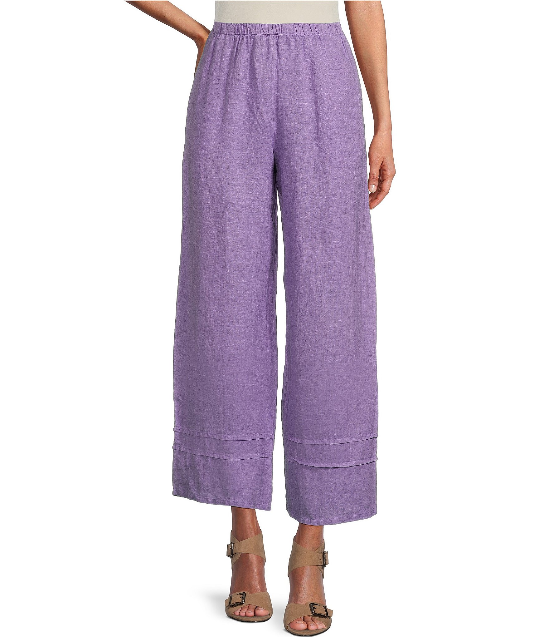 Purple houndstooth linen-cotton flat-front Women Dress Pants