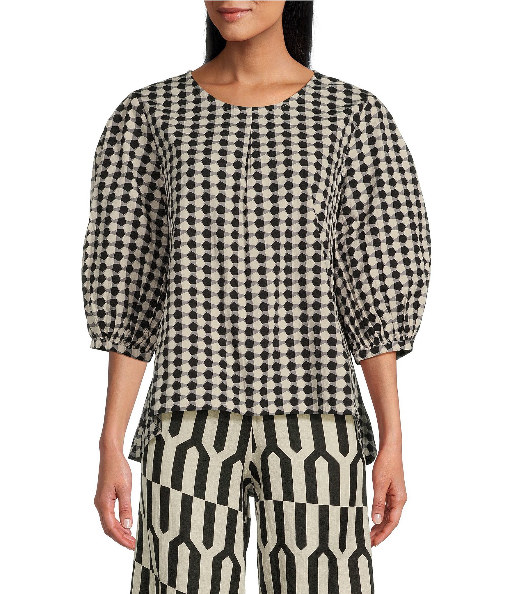 Bryn Walker Lucinda Organic Cotton Poplin Checkered Print Crew Neck 3 4