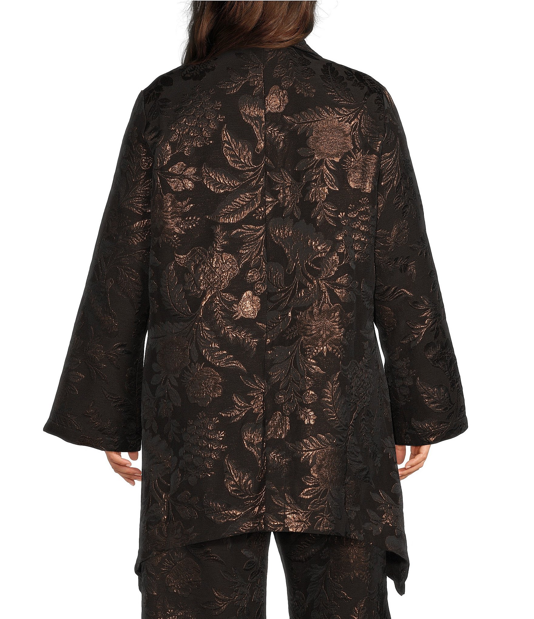 Bryn Walker Plus Size Benedict Metallic Floral Jacquard Notch Collar Long Sleeve Open-Front Jacket
