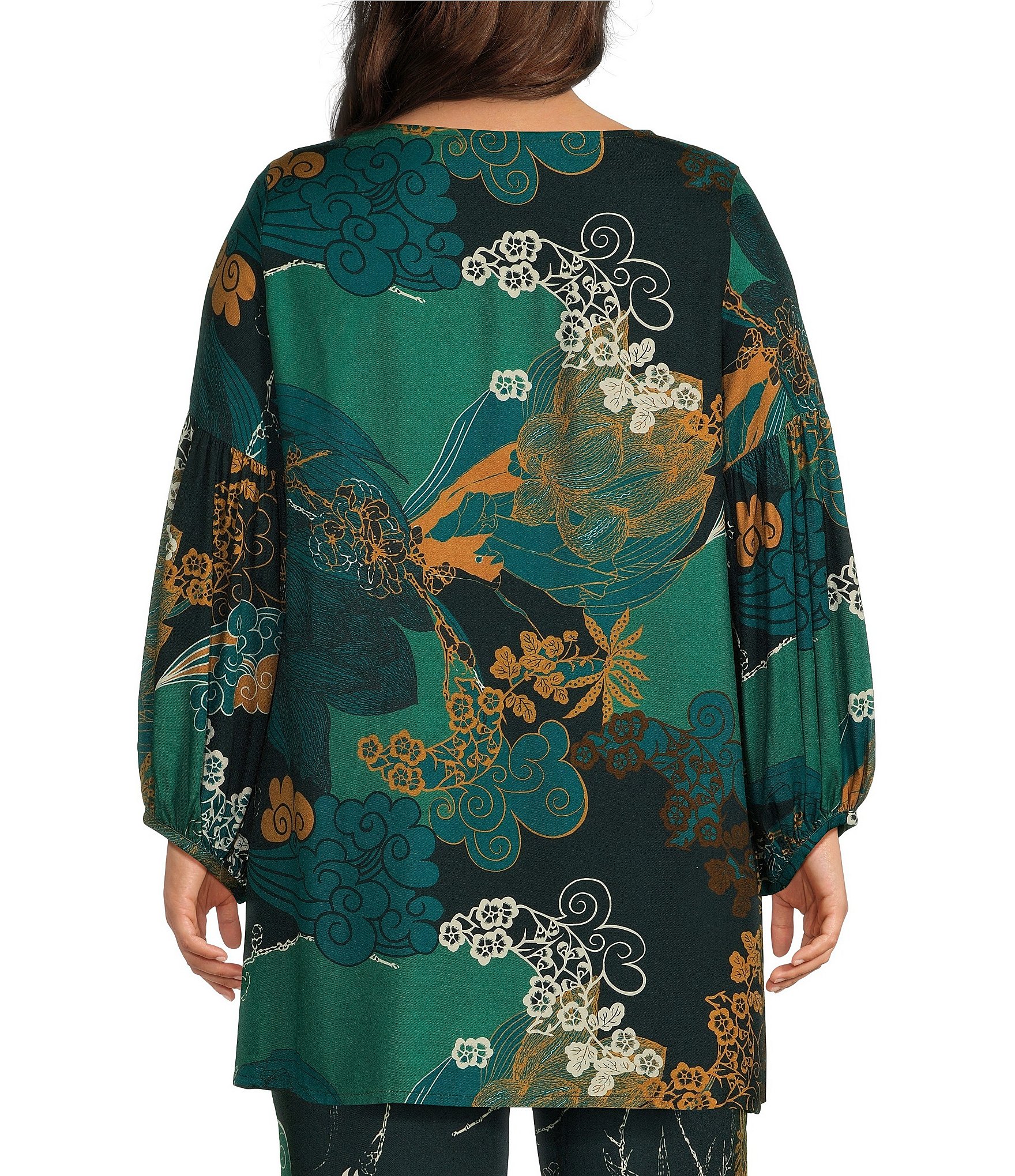 Bryn Walker Plus Size Crepe Woven Floral Crepe Woven Scoop Neck Long Sleeve Oversized Coordinating Tunic