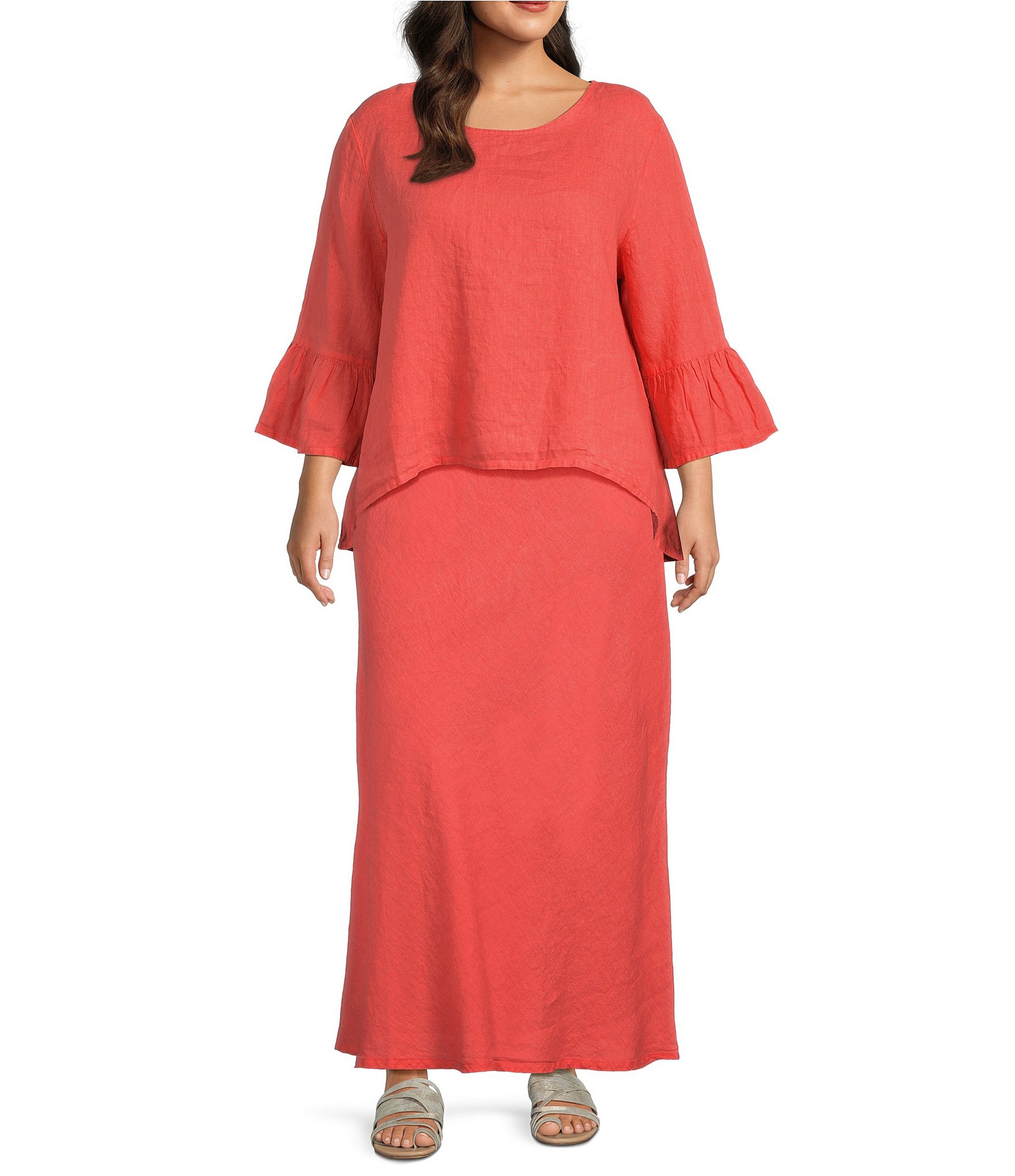 Bryn Walker Plus Size Fran Light Linen Round Neck 3/4 Ruffle Bell Sleeve High-Low Shirt