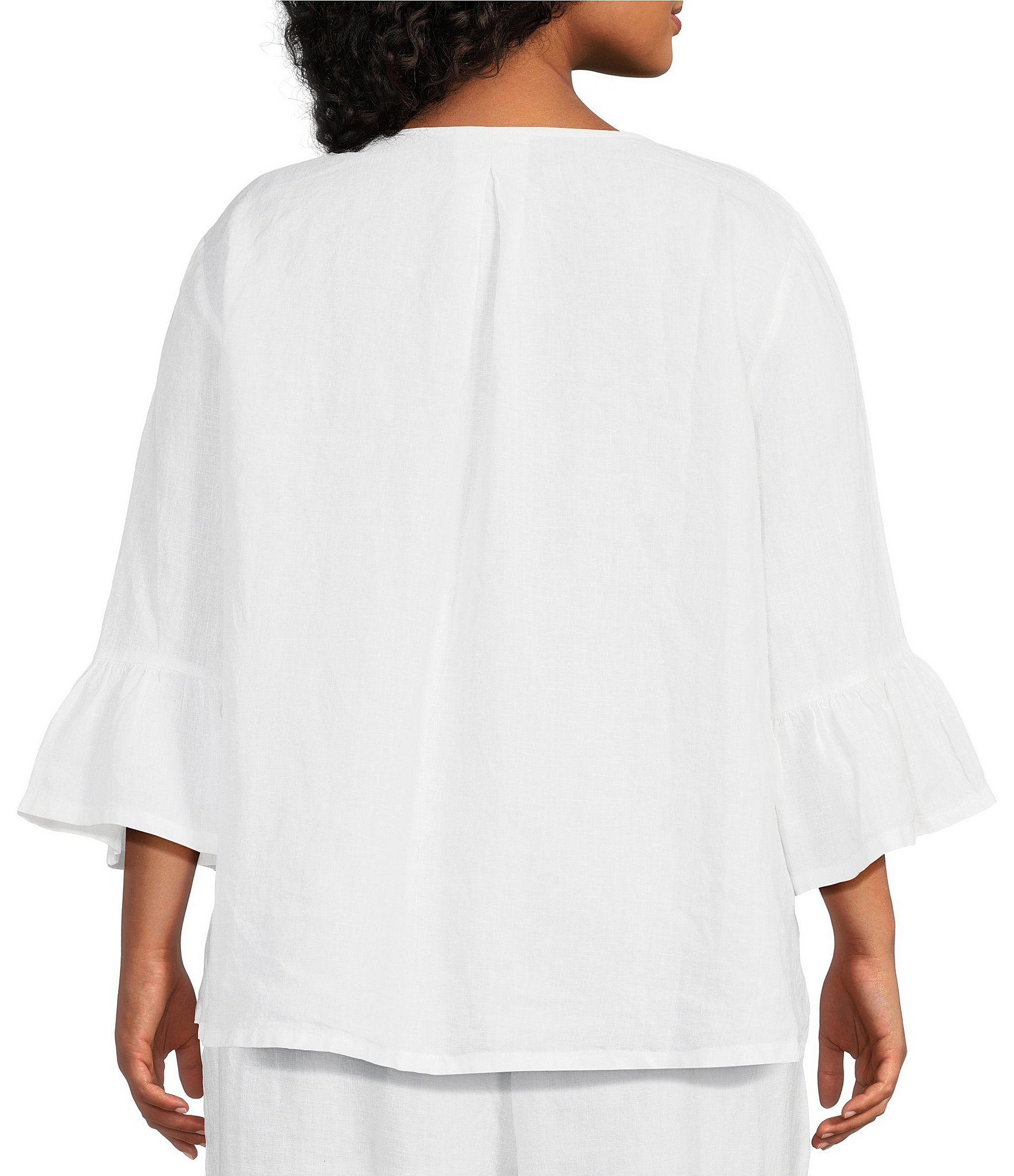 Bryn Walker Plus Size Fran Round Neck Ruffle 3/4 Bell Sleeve High-Low Linen Coordinating Shirt