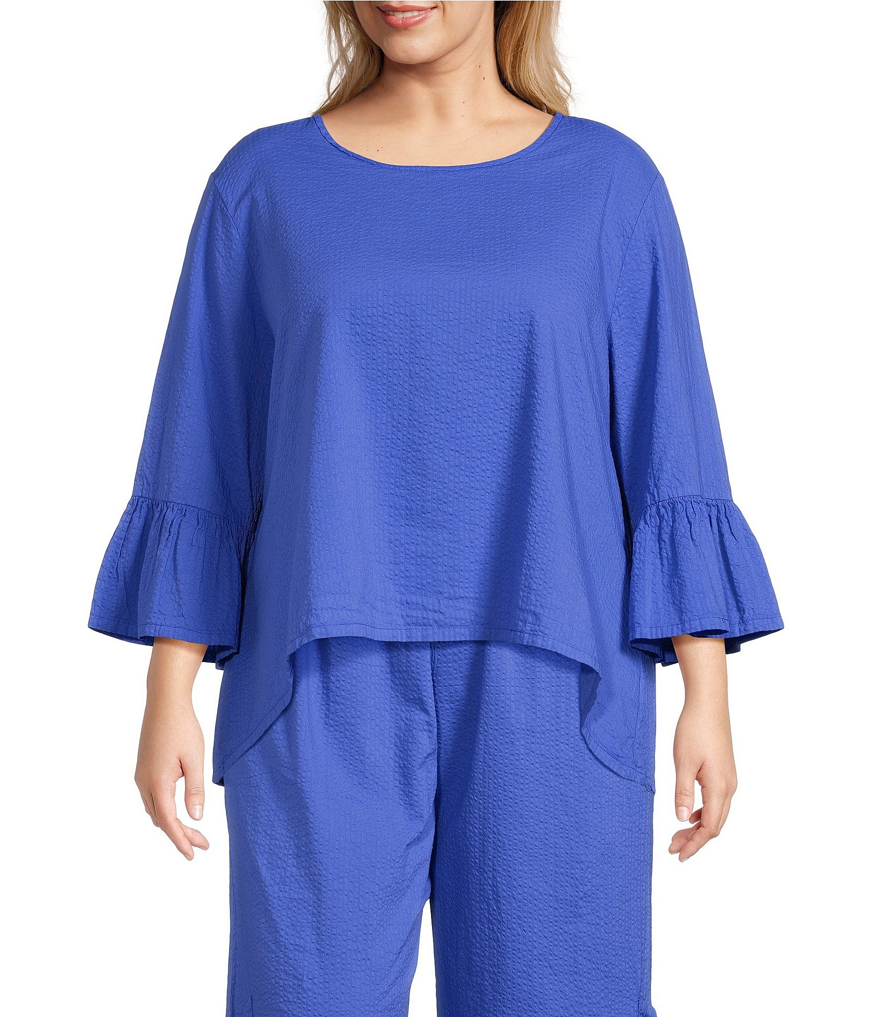Bryn Walker Plus Size Fran Seersucker Crew Neck 3/4 Ruffle Bell Sleeve ...