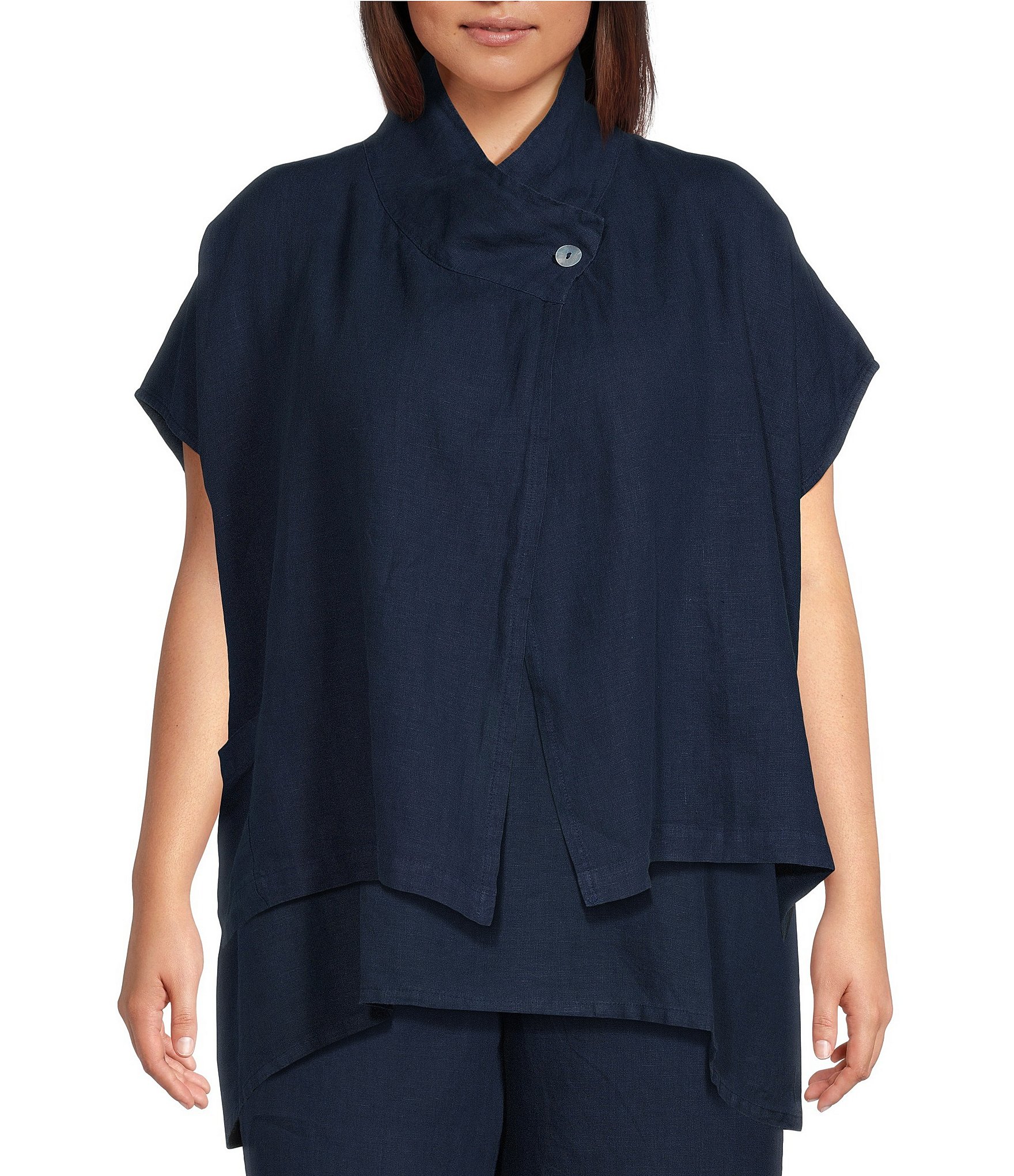 Bryn Walker Plus Size Greta Light Linen Mock Neck Cap Sleeve Patch ...