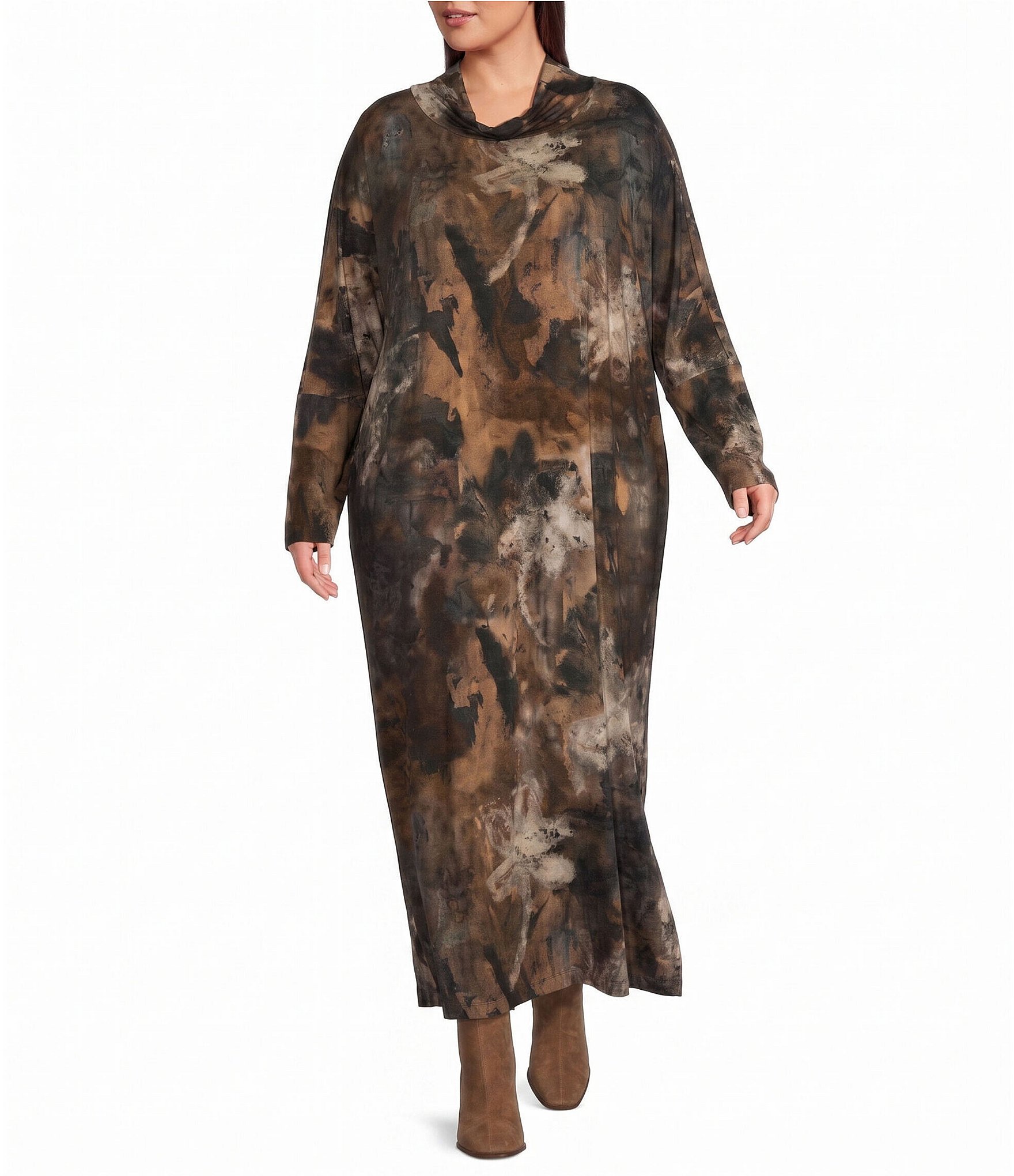 Bryn Walker Plus Size Ilse Jersey Knit Abstract Print Mock Neck Long Sleeve Cocoon Midi Dress