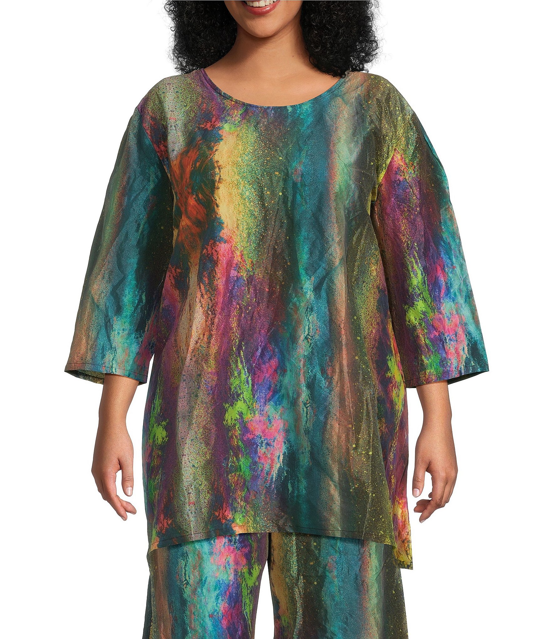 Bryn Walker Plus Size Jaida Taffeta Nebulosa Print Scoop Neck 3/4 Sleeve  Oversized Tunic | Dillard's