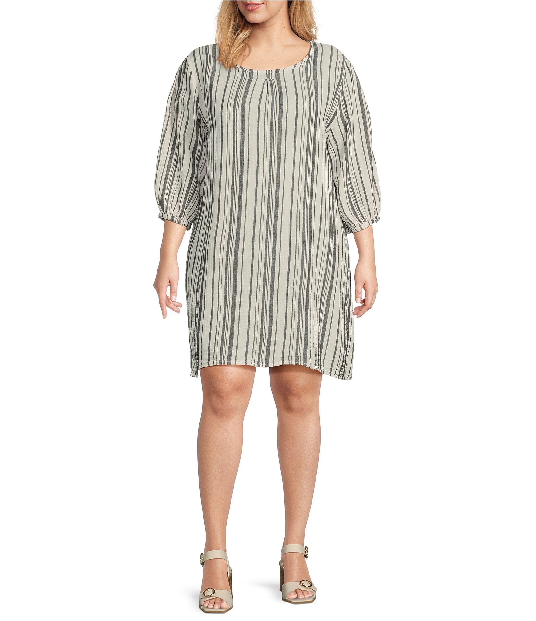 Bryn Walker Plus Size Lucien Stripe Cotton Gauze Round Neck 3 4 Sleeve