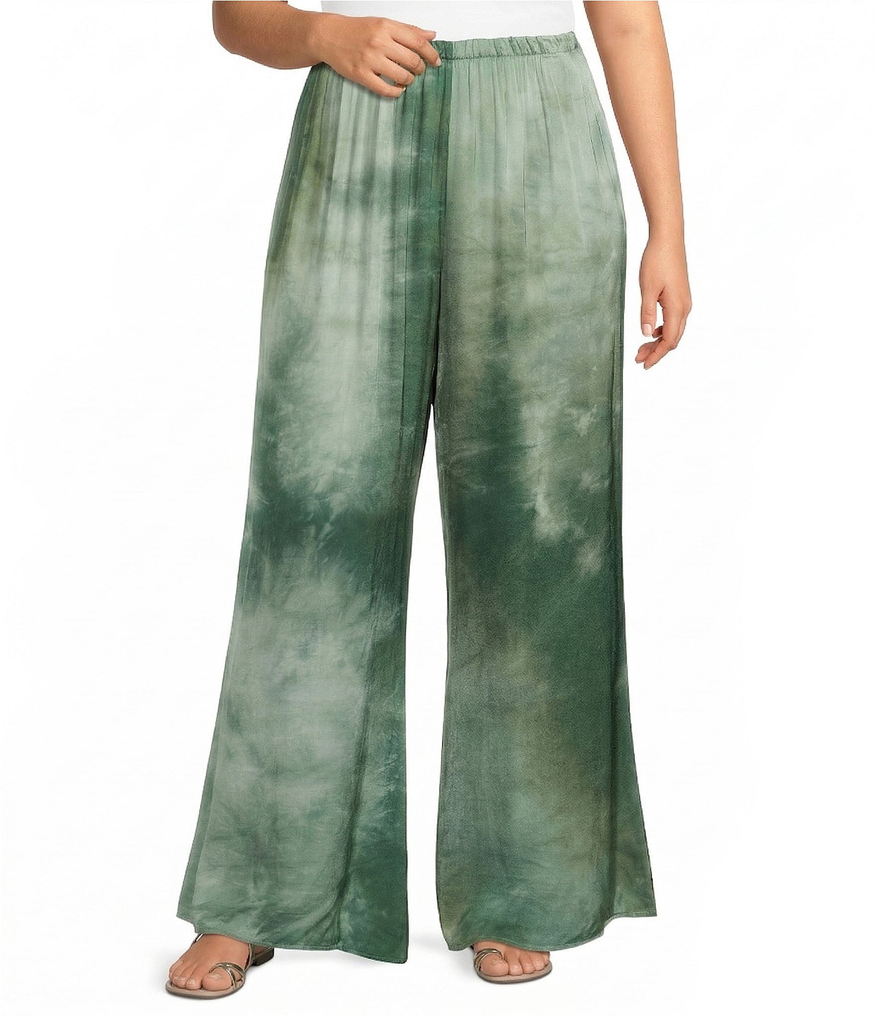 Bryn Walker Plus Size Osca Verde Printed Satin Elastic Waist Wide Leg Pants