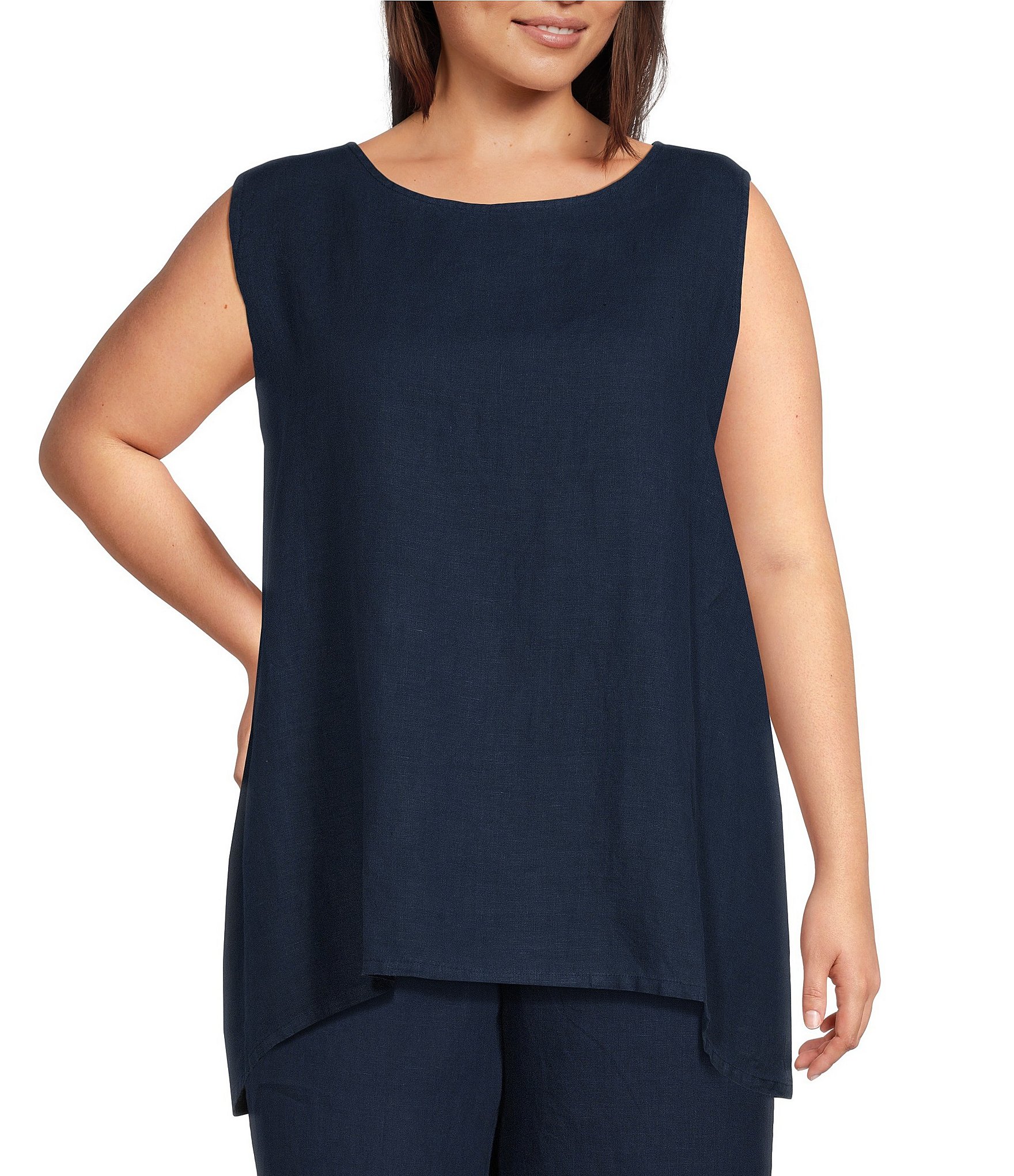 Bryn Walker Plus Size Pira Light Linen Round Neck Sleeveless Tank