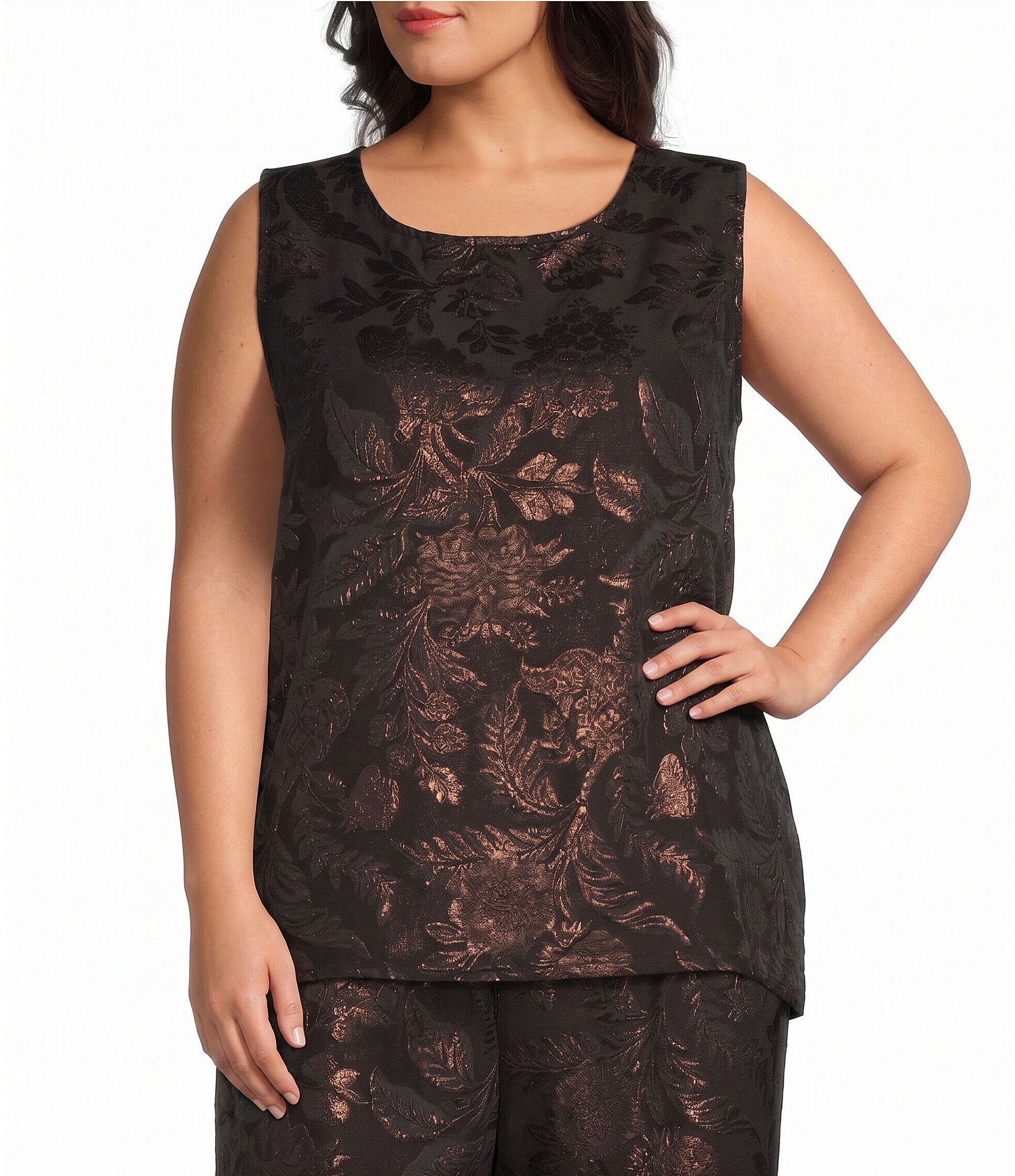 Bryn Walker Plus Size Piro Metallic Floral Jacquard Round Neck Sleeveless Coordinating Tank