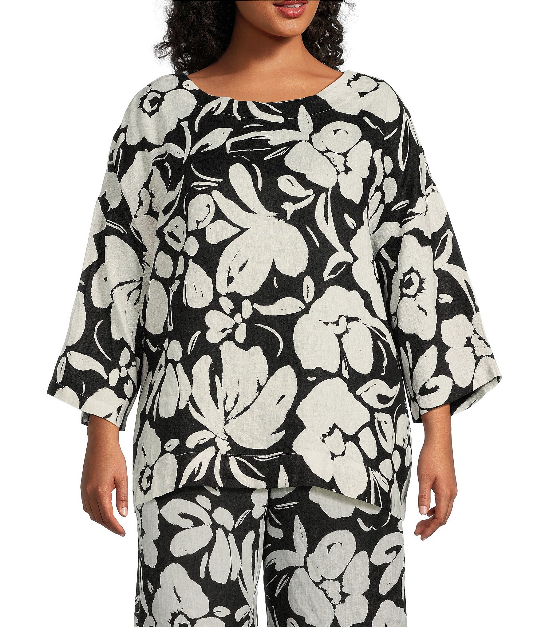 Bryn Walker Plus Size Resort Linen Floral Crew Neck 3/4 Sleeve ...