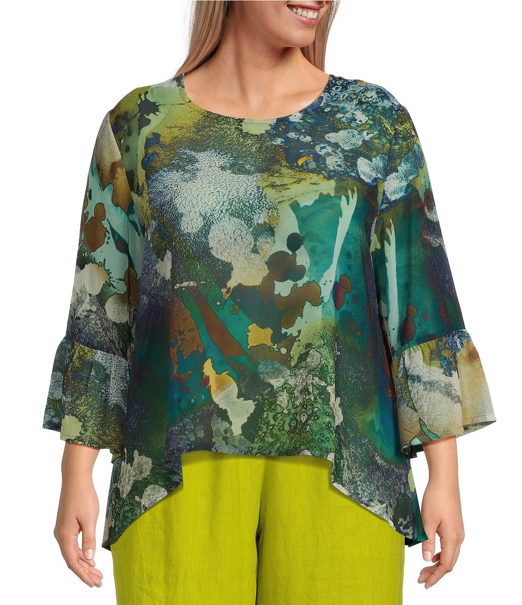 Bryn Walker Plus Size Sheer Woven Fran Canale Print Round Neck 3/4 ...