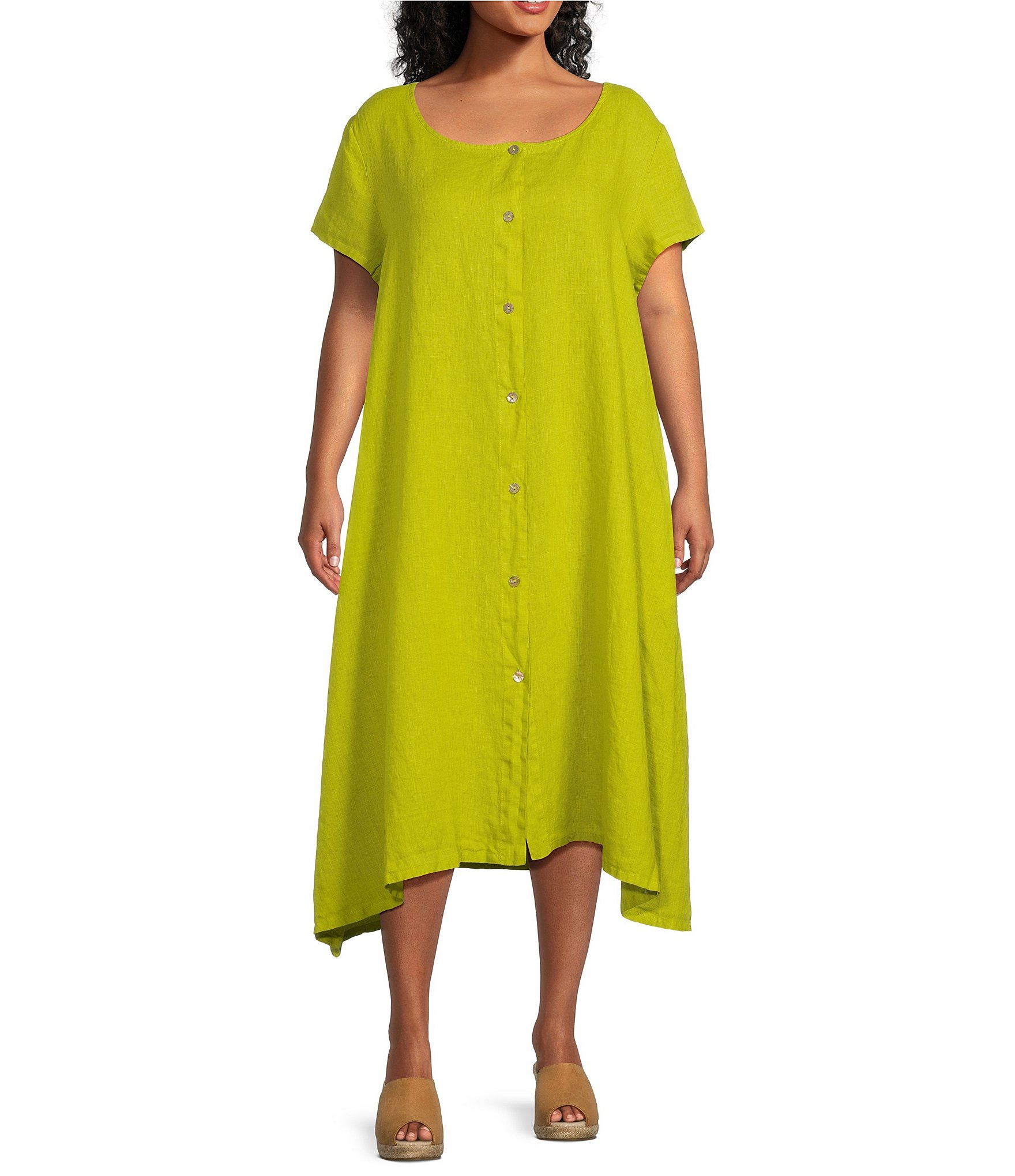 Bryn Walker Plus Size Winsor Light Linen Round Neck Cap Sleeve Button ...