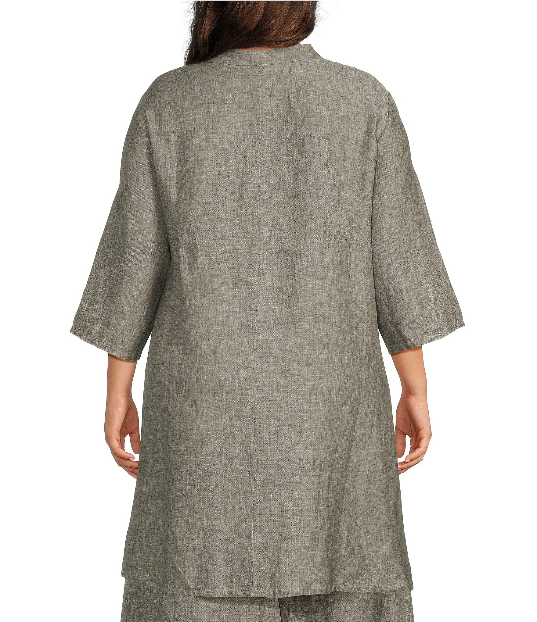 Bryn Walker Plus Winona Cross-Dyed Linen Mandarin Collar Elbow Sleeve Button Front Tunic
