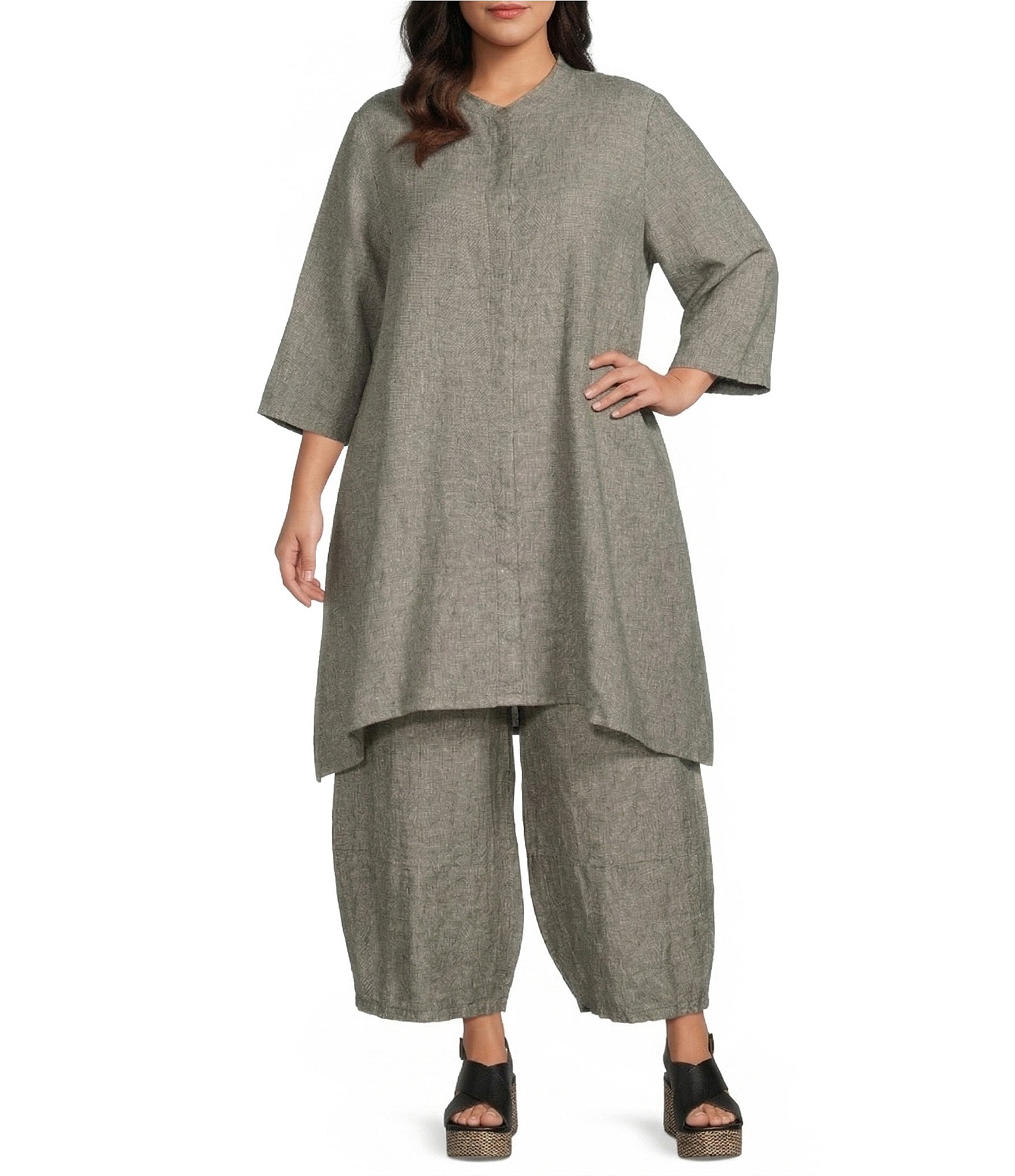 Bryn Walker Plus Winona Cross-Dyed Linen Mandarin Collar Elbow Sleeve Button Front Tunic